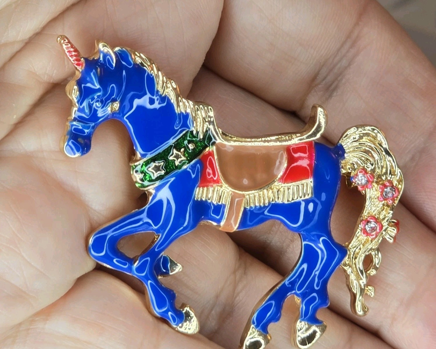 Blue Unicorn Brooch Enamel Gold Tone Rhinestone Tail Whimsical Fantasy Pin #935