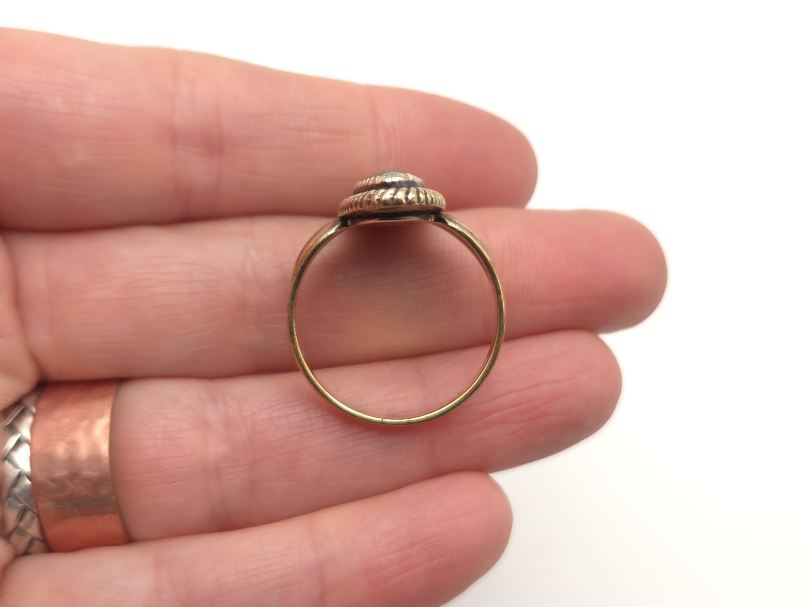 Vintage Sterling Gold Wash Signed JP Jane Popovich Navajo Elongated Jade Ring