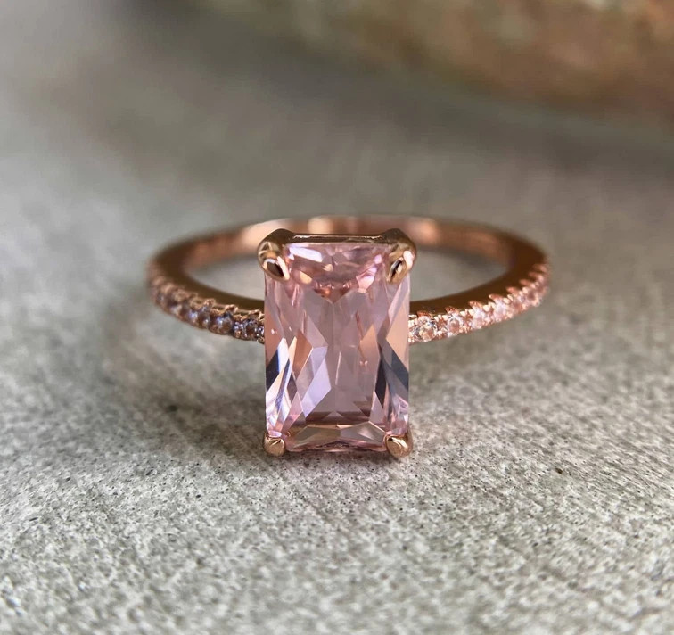 Pink Tourmaline Emerald & Round Cut 2.60CT Moissanites In 10K Rose Gold FN Ring