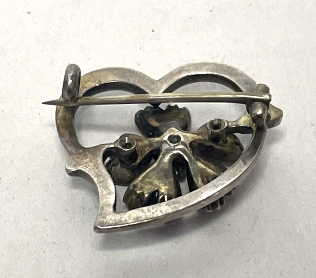 Antique Victorian Edwardian British Silver Paste Witch’s Heart Brooch Enamel 1″