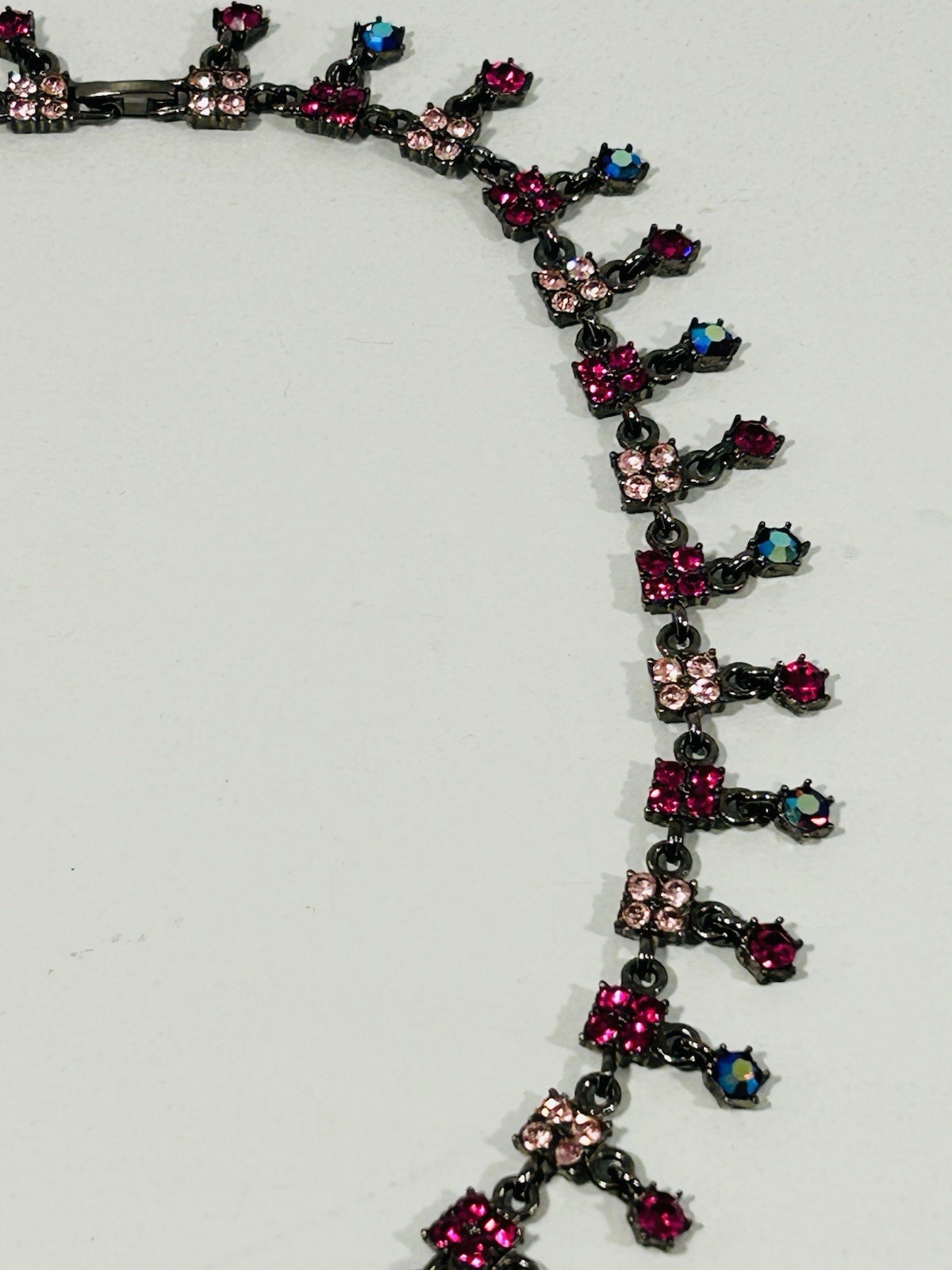 Gunmetal Rhinestone Statement Necklace Pink Fuchsia Fringe Vintage Style