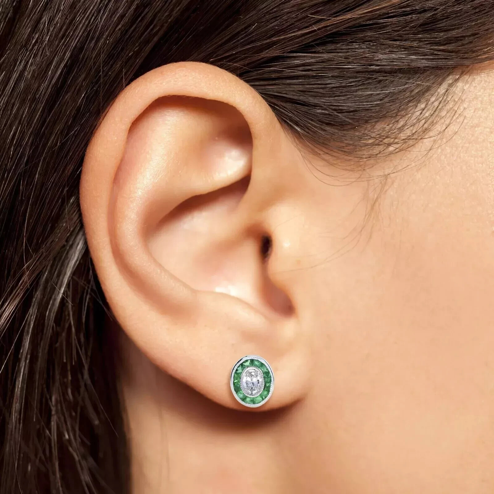 Art Deco Style Lab-Created Diamond Emerald Wedding Earring 14K White Gold FN