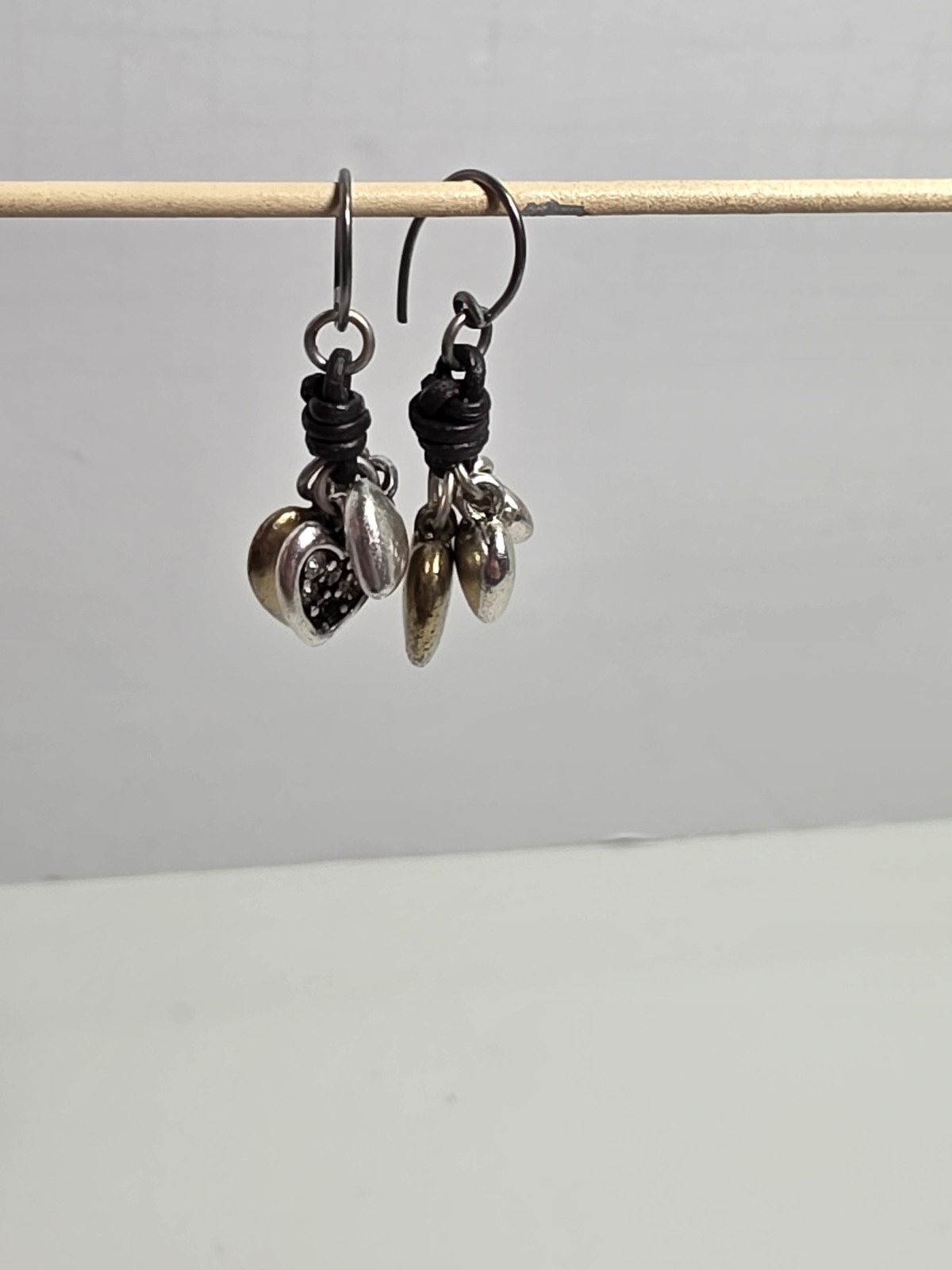 Vintage “Fossil” Two Tone Heart Dangle Pierced Earrings, about 1 inch dangle
