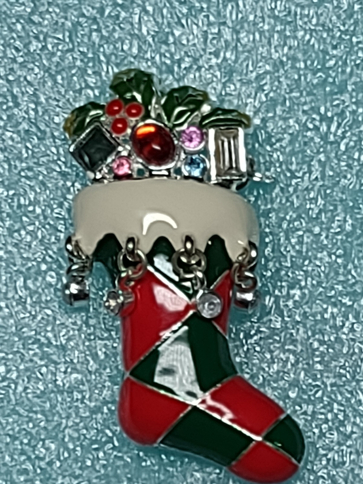Bejeweled Christmas Stocking Brooch Pin Dangles Enamel Pendant Too