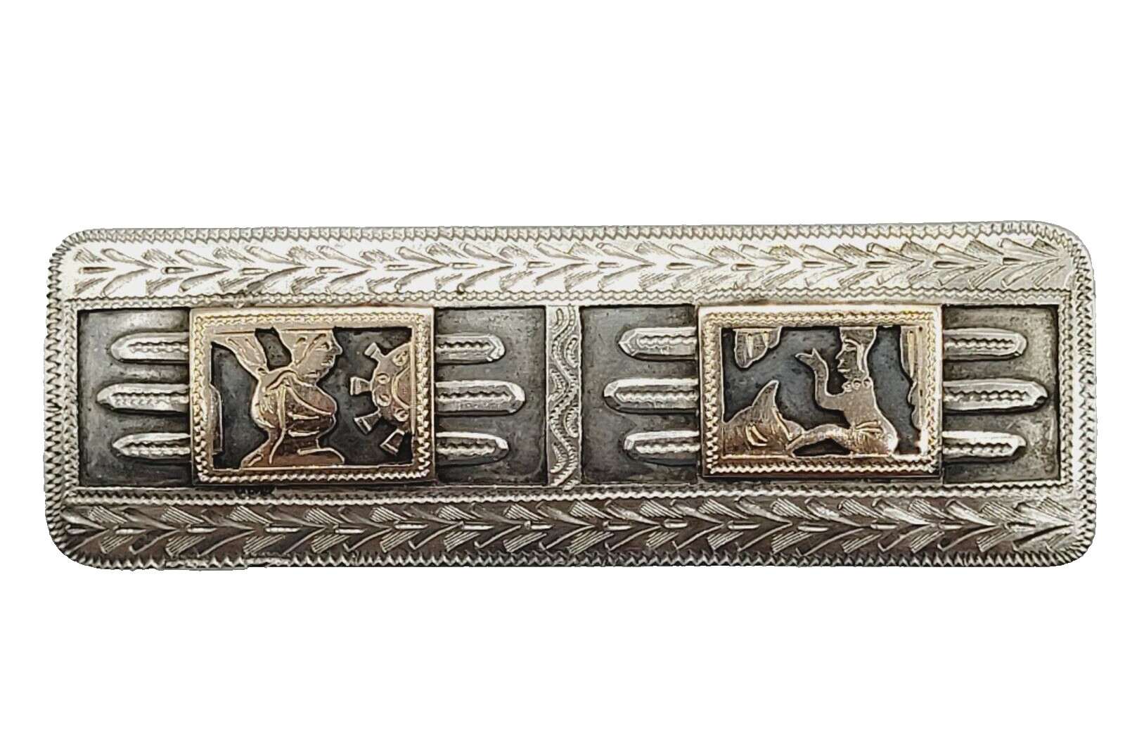 Guatemala Maya Mayan Relief Image Long Silver & Copper Tone Vintage Brooch Pin