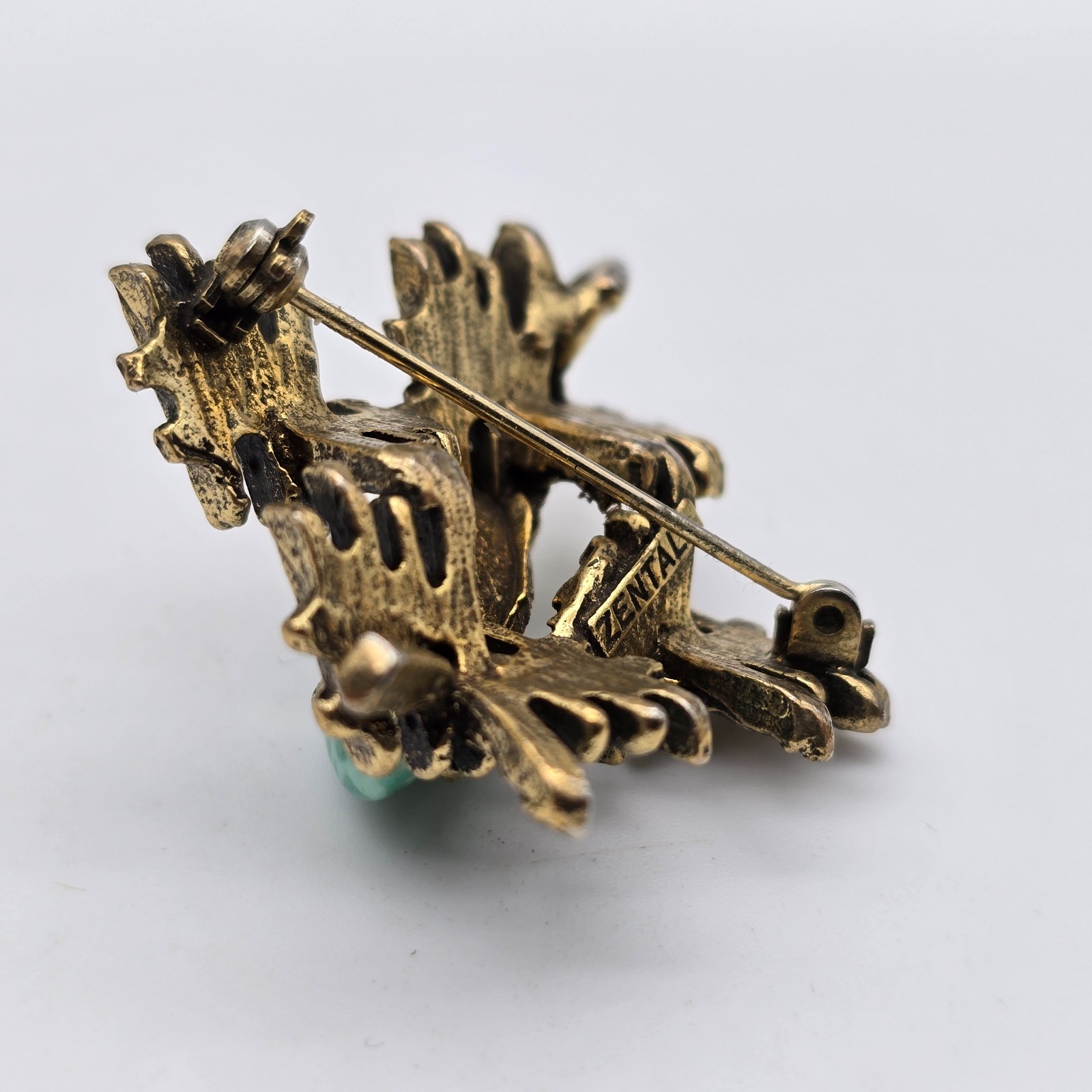 Vintage ZENTALL Brutalist Green Glass Gold Tone Brooch / Pendant