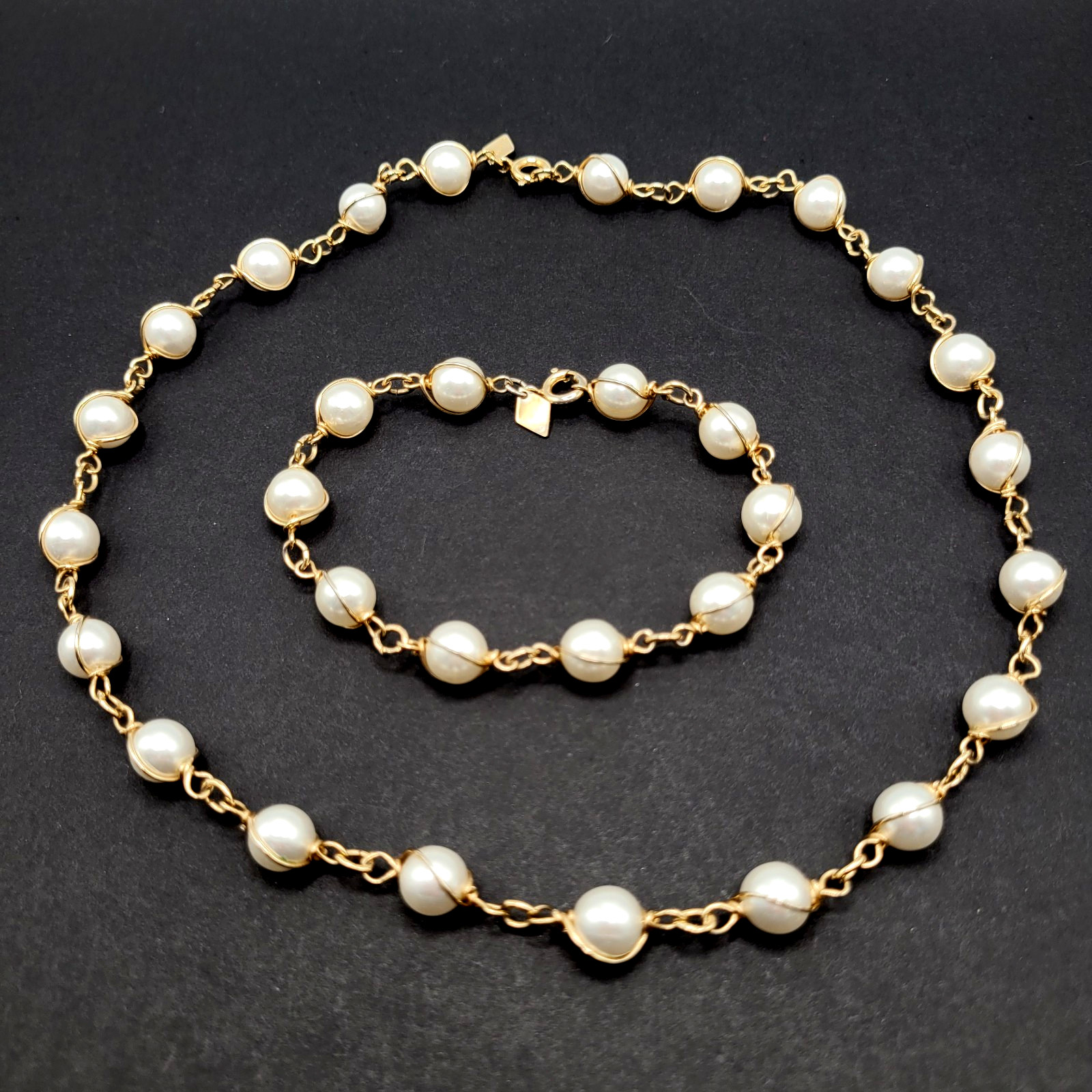 Sarah Coventry Faux Pearl Caged Style Bracelet 7.25 in Necklace 16 in Vtg Signed