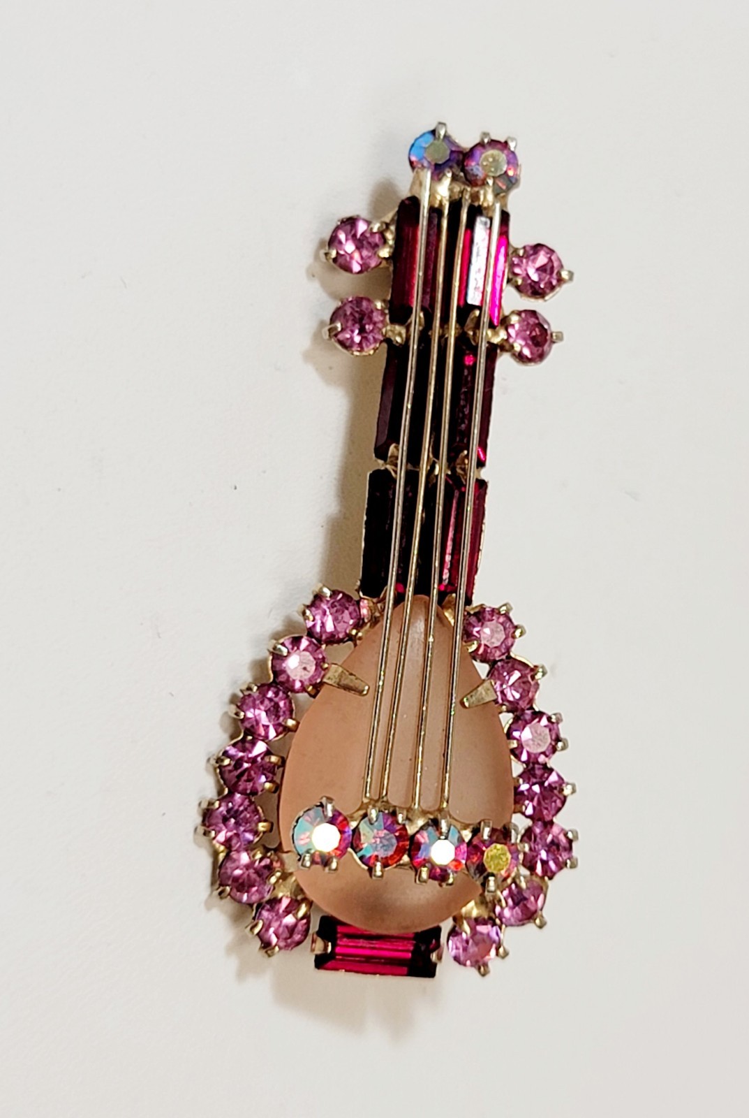 Vintage Estate High End Red Pink AB Rhinestone Lute Guitar Brooch