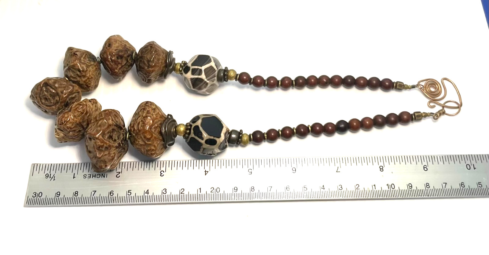 Paldao Dracontomelon Seeds & Honeycomb Agate Necklace Wire Clasp Artisan Vintage