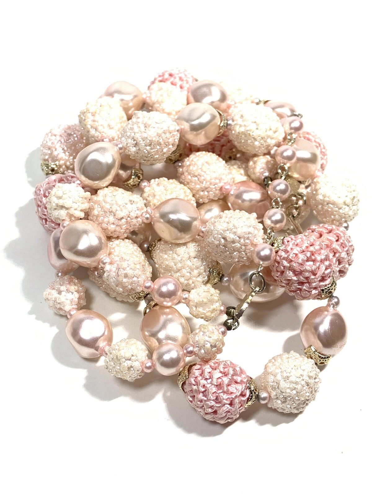 VTG JAPAN 2 Tier Bead NECKLACE Shades Of Pink POPCORN Textured KNIT Graduated