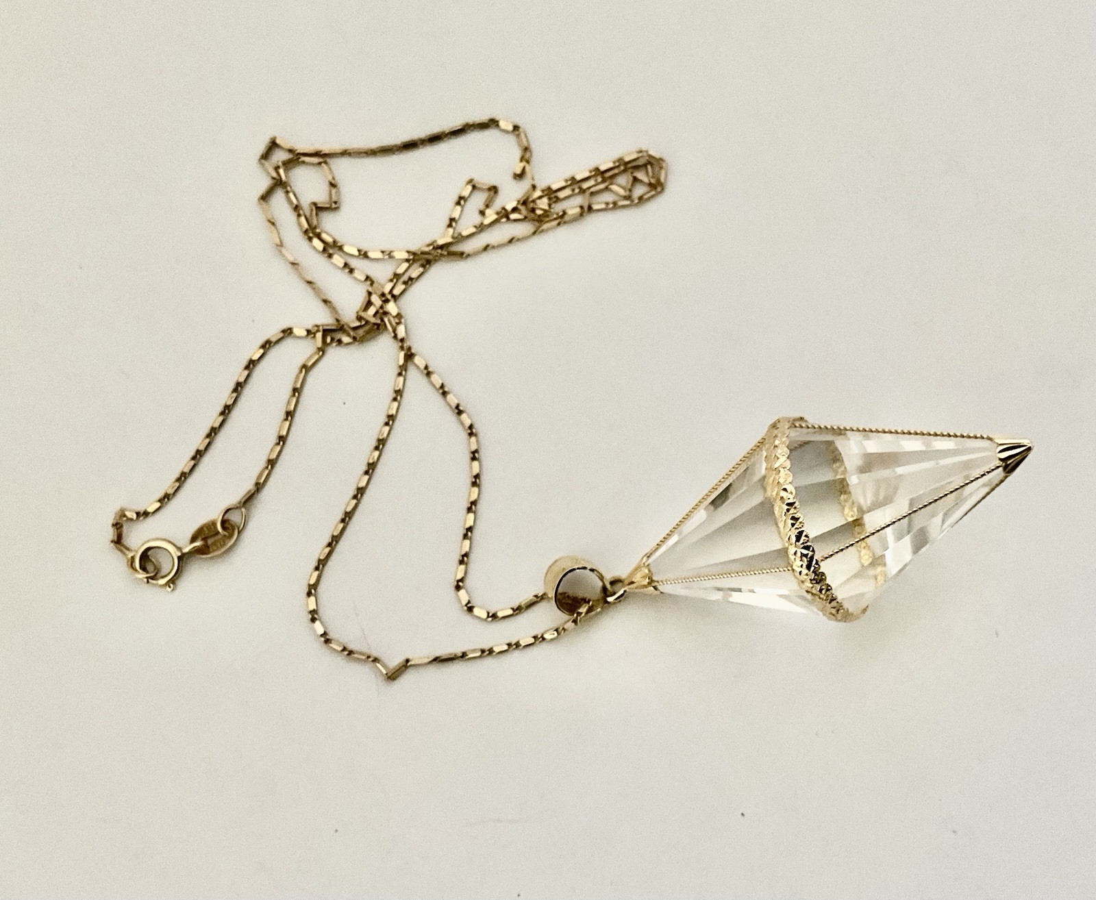 Vintage 14K Rock Crystal Pendulum Pendant Necklace BODHI Plumb Bob 14k chain