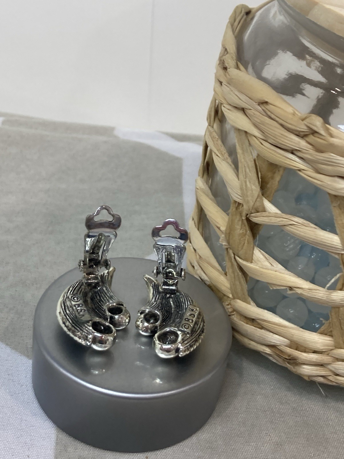 Vintage Signed BSK Silver Tone Clip-On Scroll Earrings – Approximately 1/2” Long