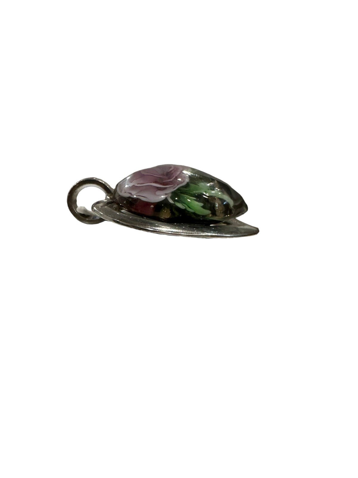 Metal Heart With Lucite Leaf and Flower Encased With Glitter Accent Pendant