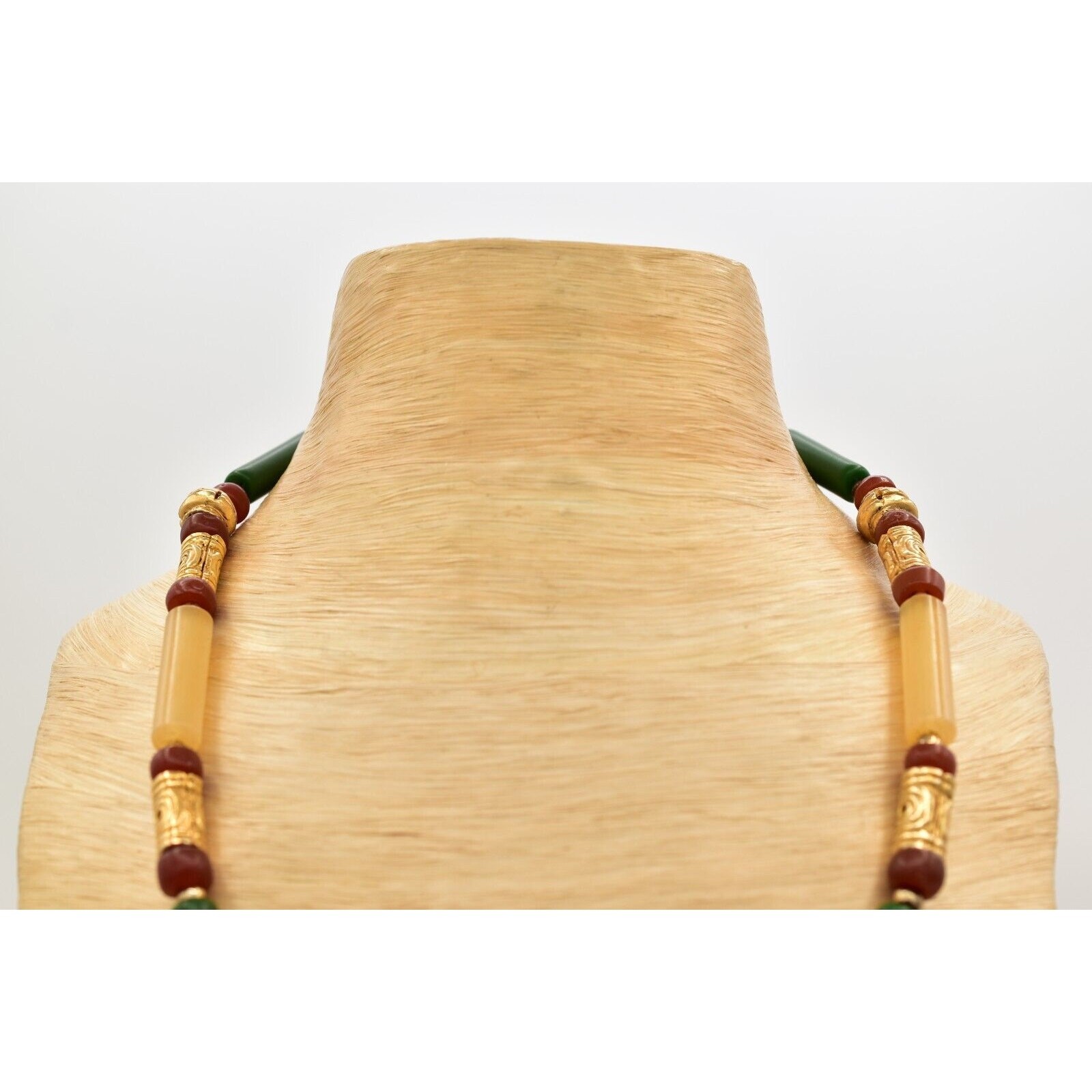 Vintage Beaded Necklace Brushed Gold Green Red Clay Tribal Chunky 1970s BinBN