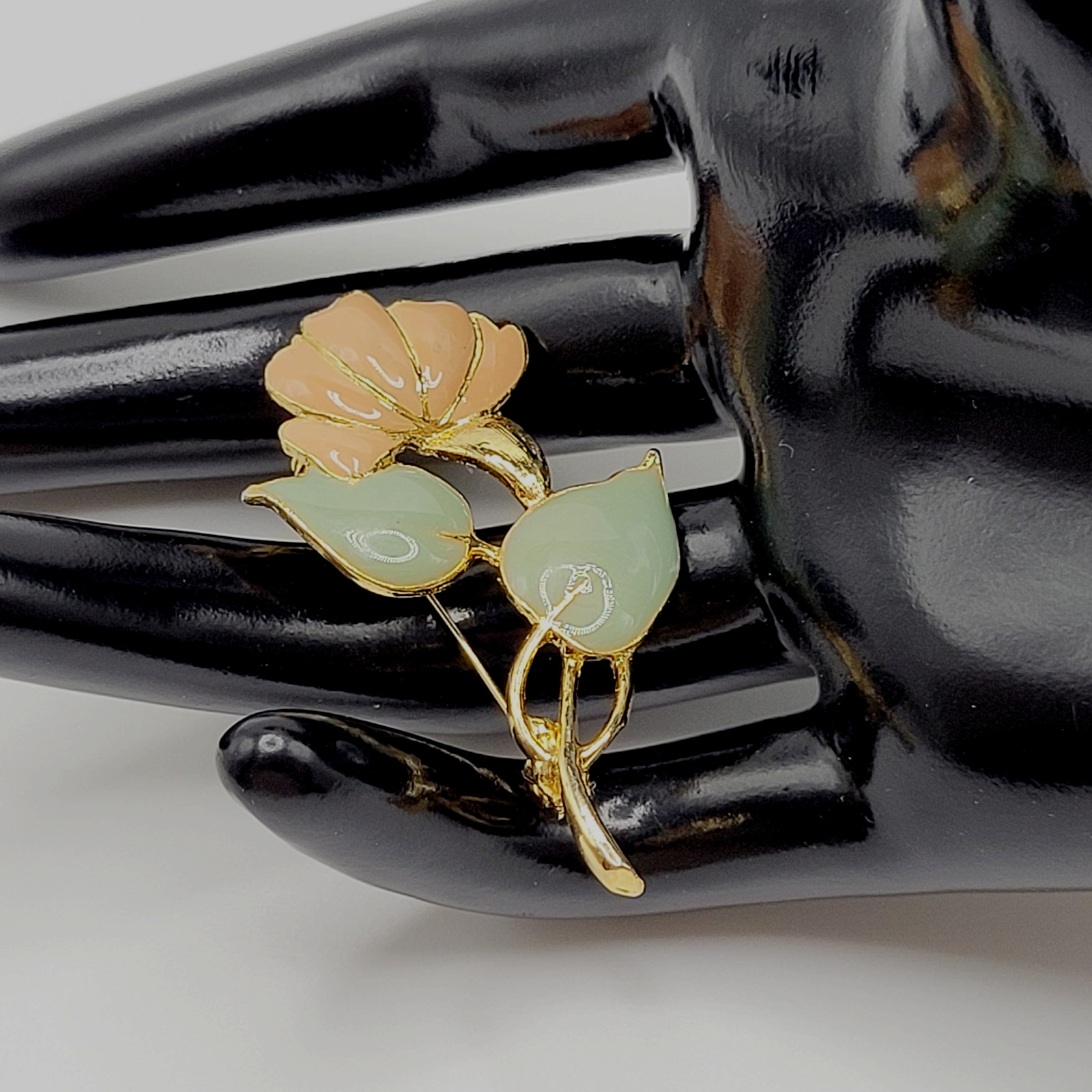 MCJ Poppy Peony Broad Blossom Flower Peach Light Green Enamel Gold Tone Brooch