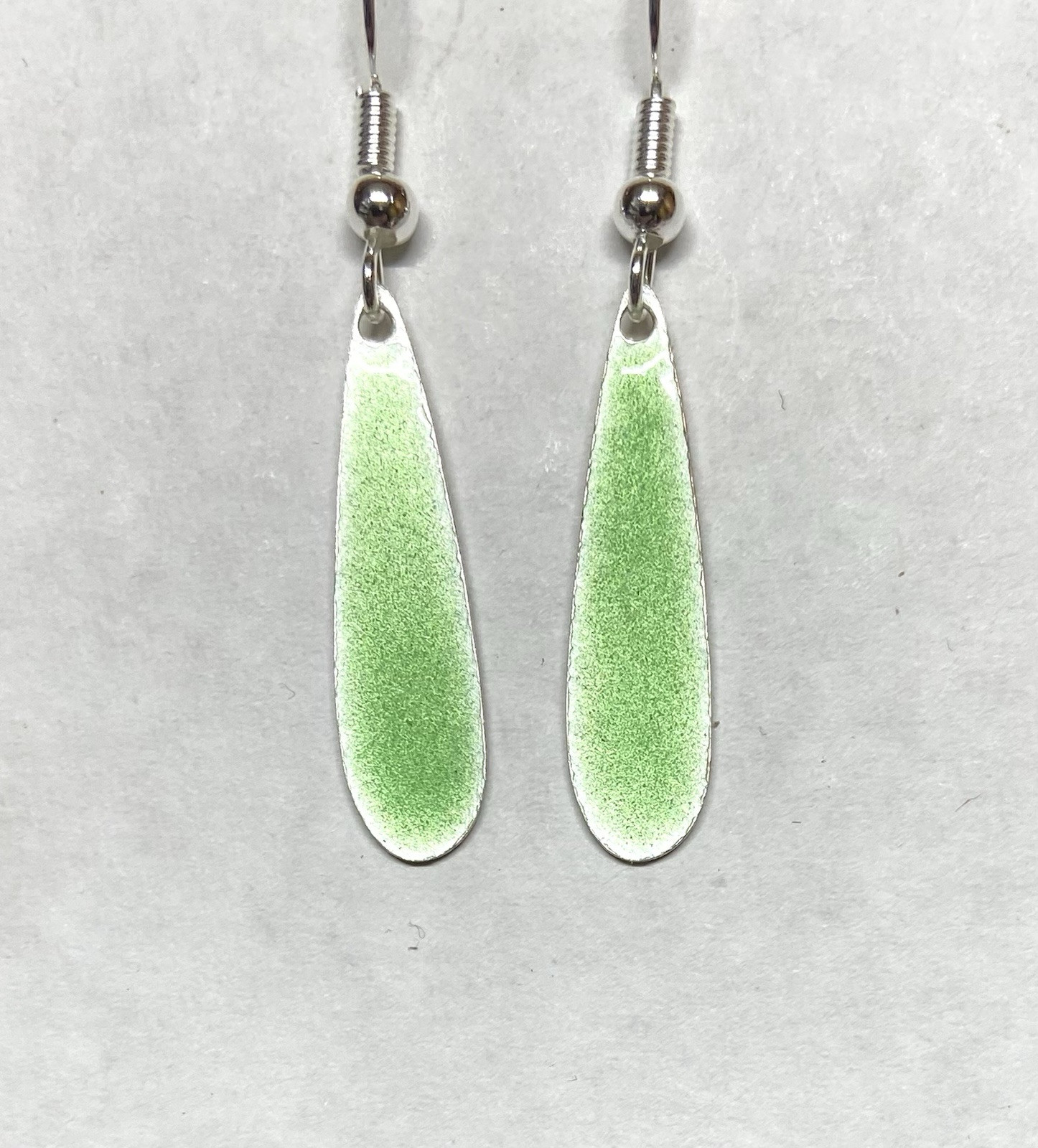 Vintage Lime Green enamel on Silver Teardrop Dangle Pierced Earrings- 1″ long