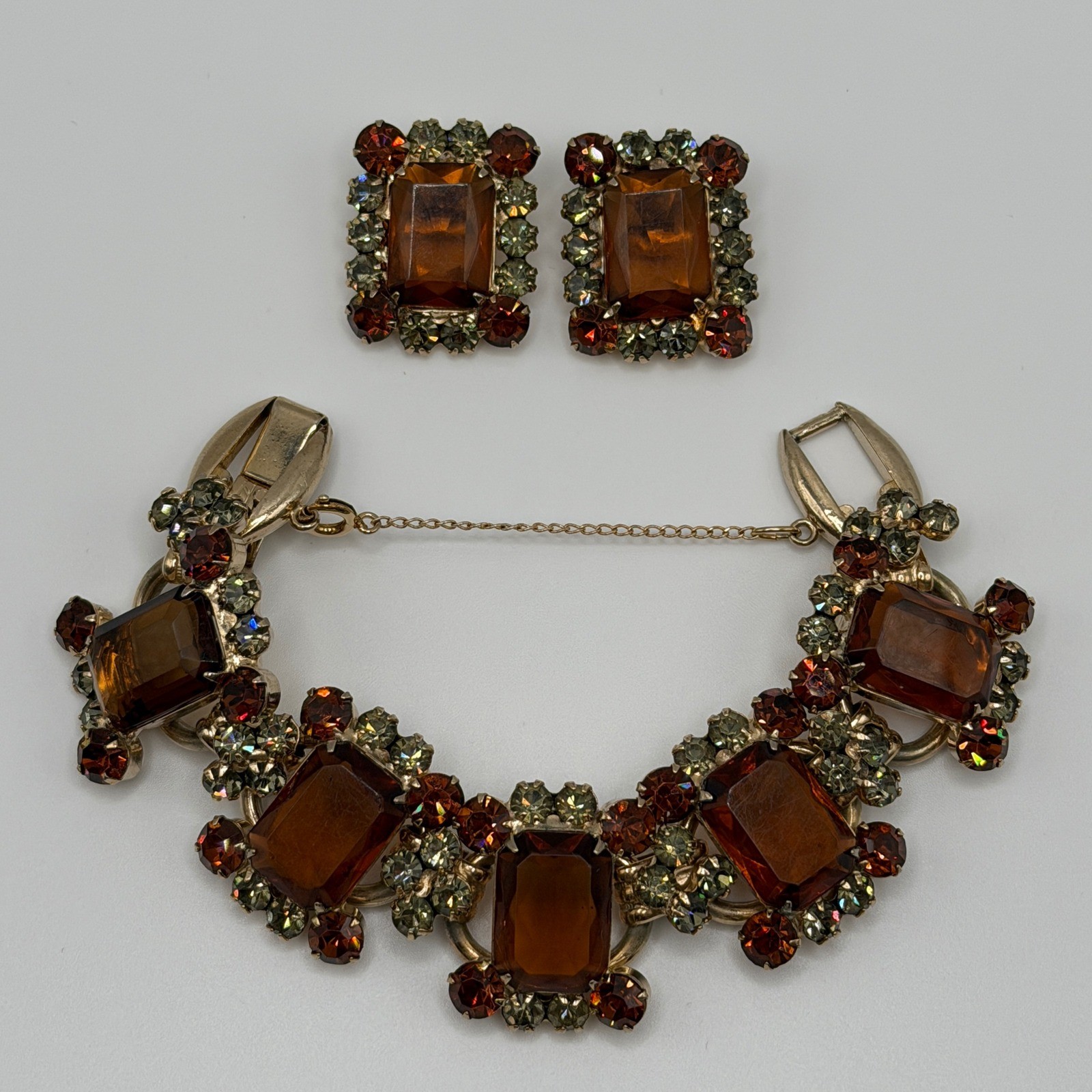 Juliana Elster & DeLizza VTG Smoky Topaz Rhinestone Bracelet and Earrings Set