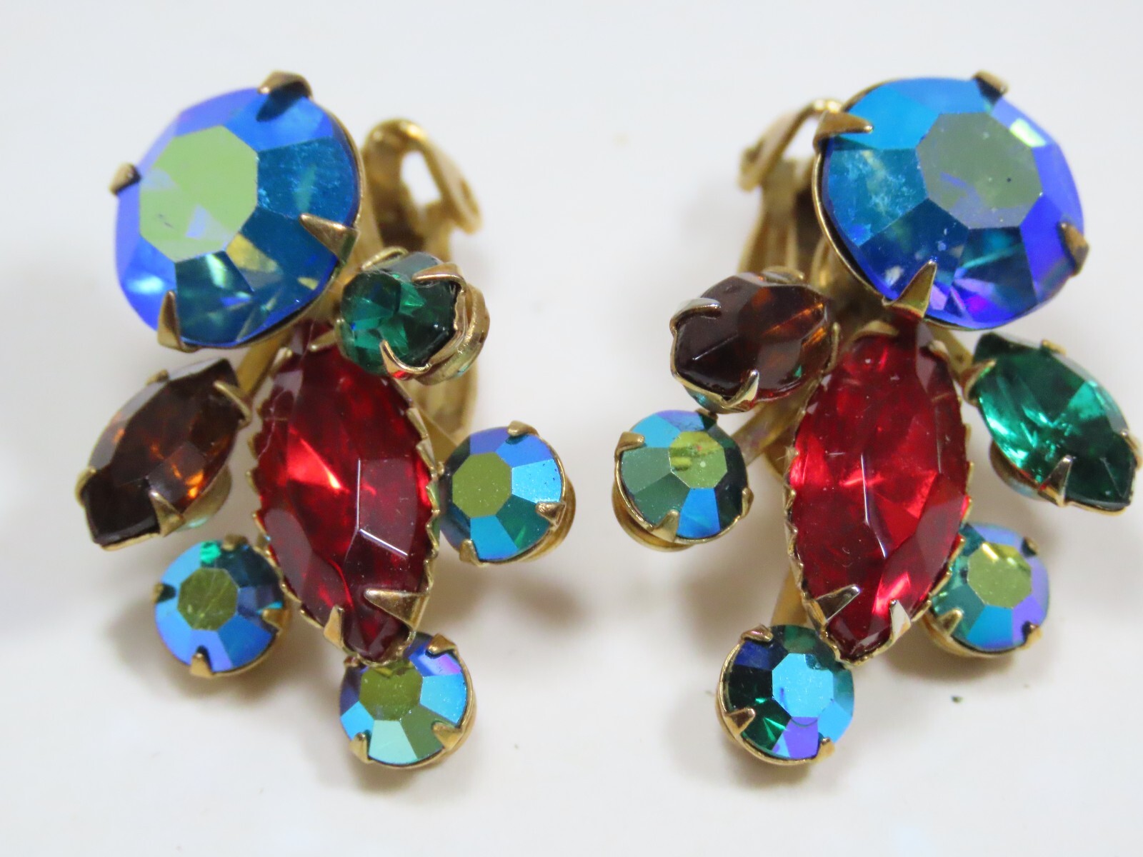 Rhinestone Earrings AB Red Blue Marquise Round VTG Clip Gold Tone Elegant D1688
