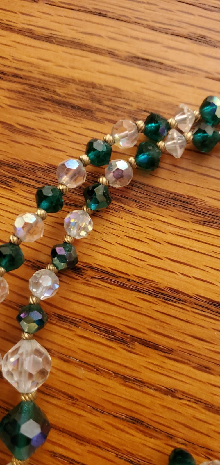 Vintage Emerald Green &Clear Aurora Borealis Double Strand Crystal Necklace set