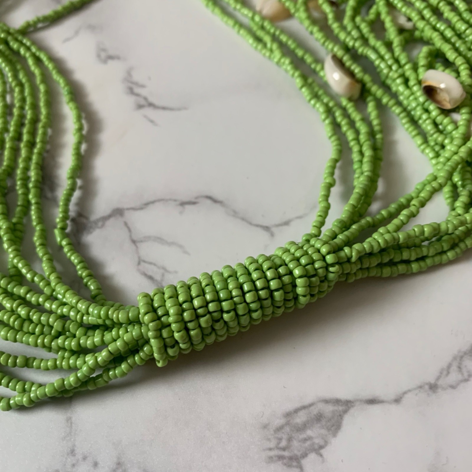 Handmade Wrap Scarf Necklace Multi-Strand Green Glass Beaded Shell Beach 60″ Vtg