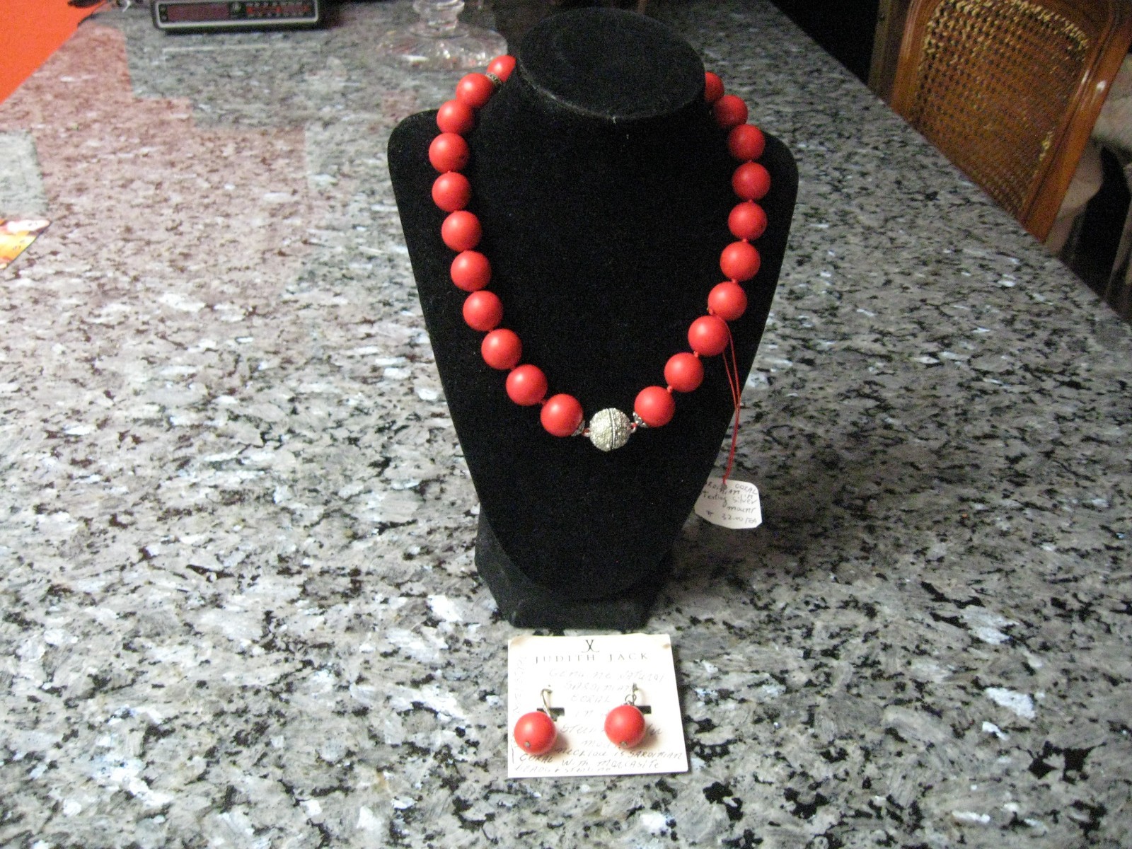 JUDITH JACK NEW NATURAL SARDINIAN 5/8″CORAL/STERLING/MARCASITE NECKLACE/EARRINGS