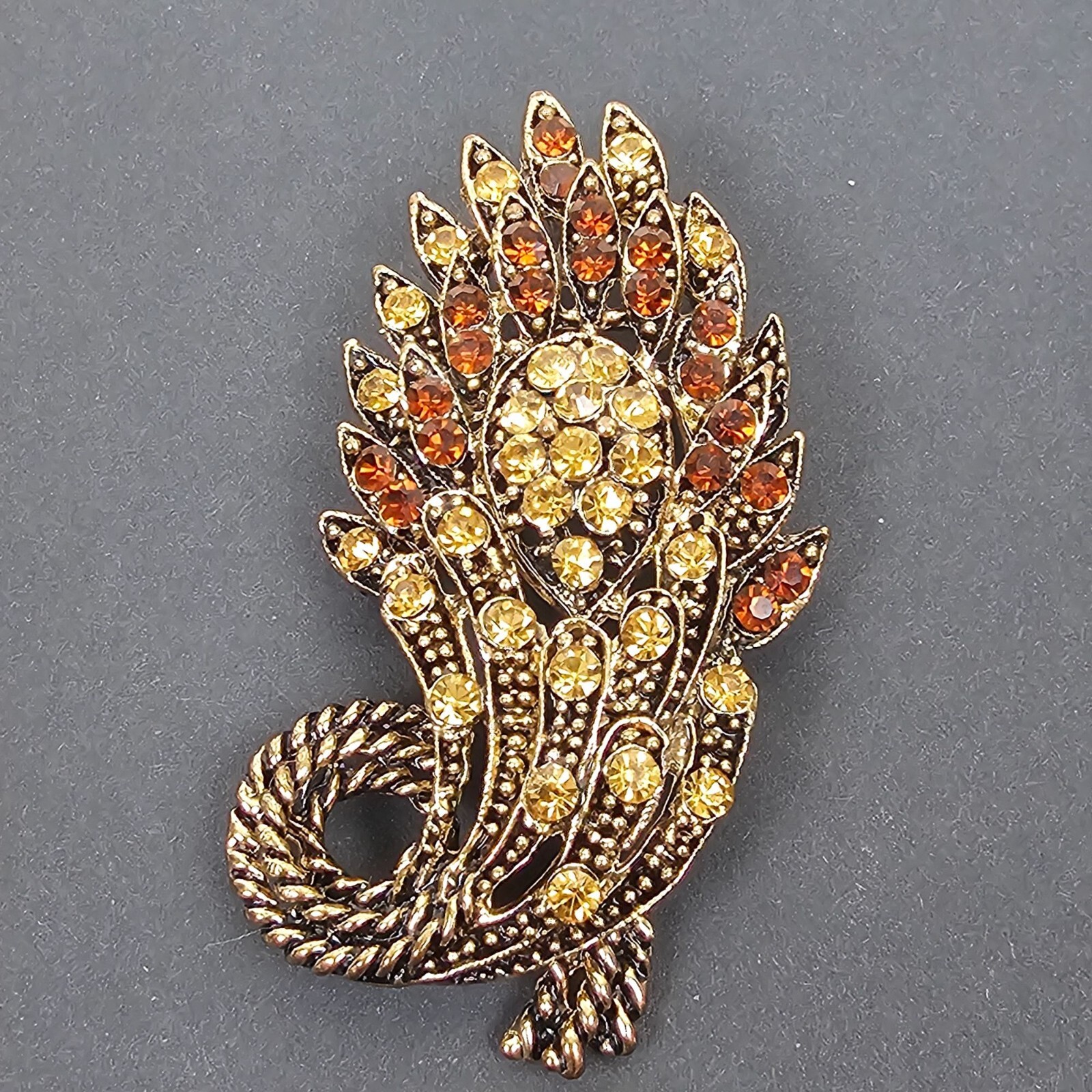 Vintage Yellow Brown Crystal Rhinestone Floral Big Brooch Pin Pendant Gold Tone