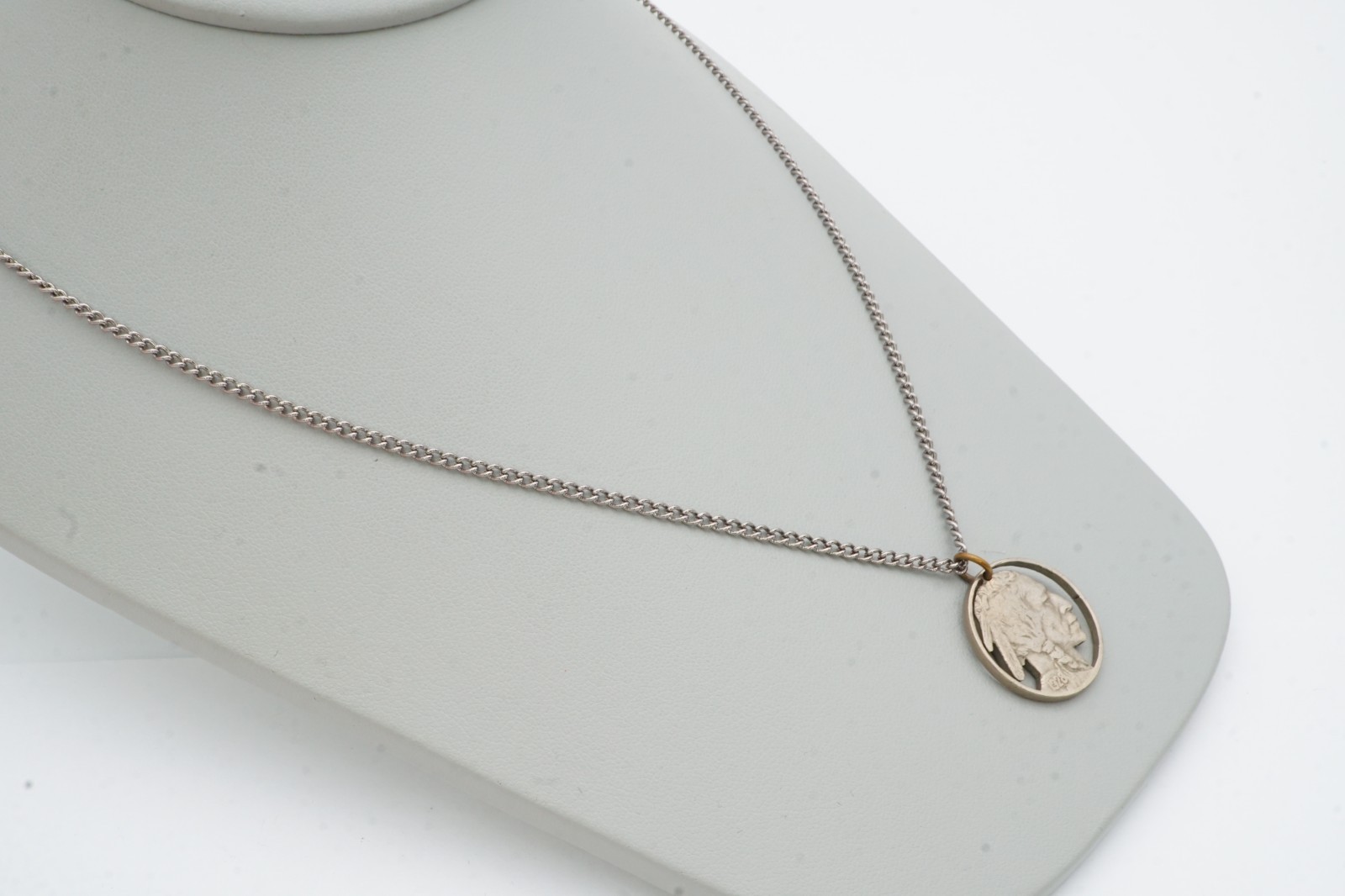 Vintage Necklace Silver Tone Carved Buffalo Nickel 24″
