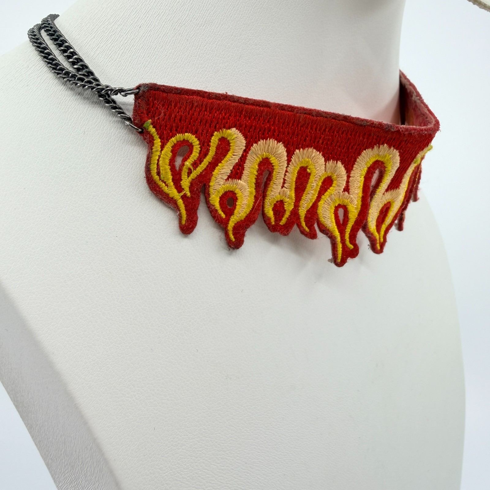 Vintage Flame Choker Necklace Embroidered Fabric Patch Fire Red Gunmetal Y2K 90s