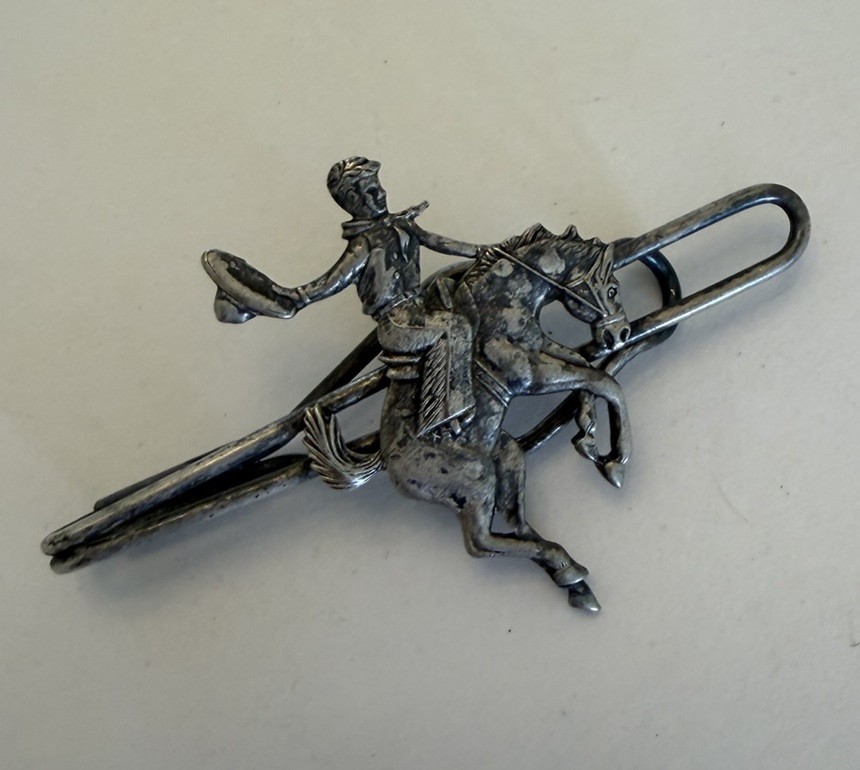 Vintage Cowboy & Horse Tie Clip Western Ranch Rodeo Silver Plated 2.5”