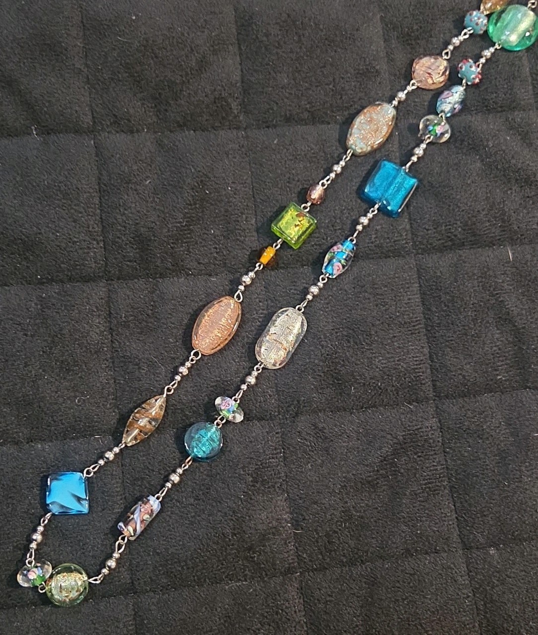 Premier Designs Necklace Venetian Foil Art Glass Long Multicolor Flapper 36″