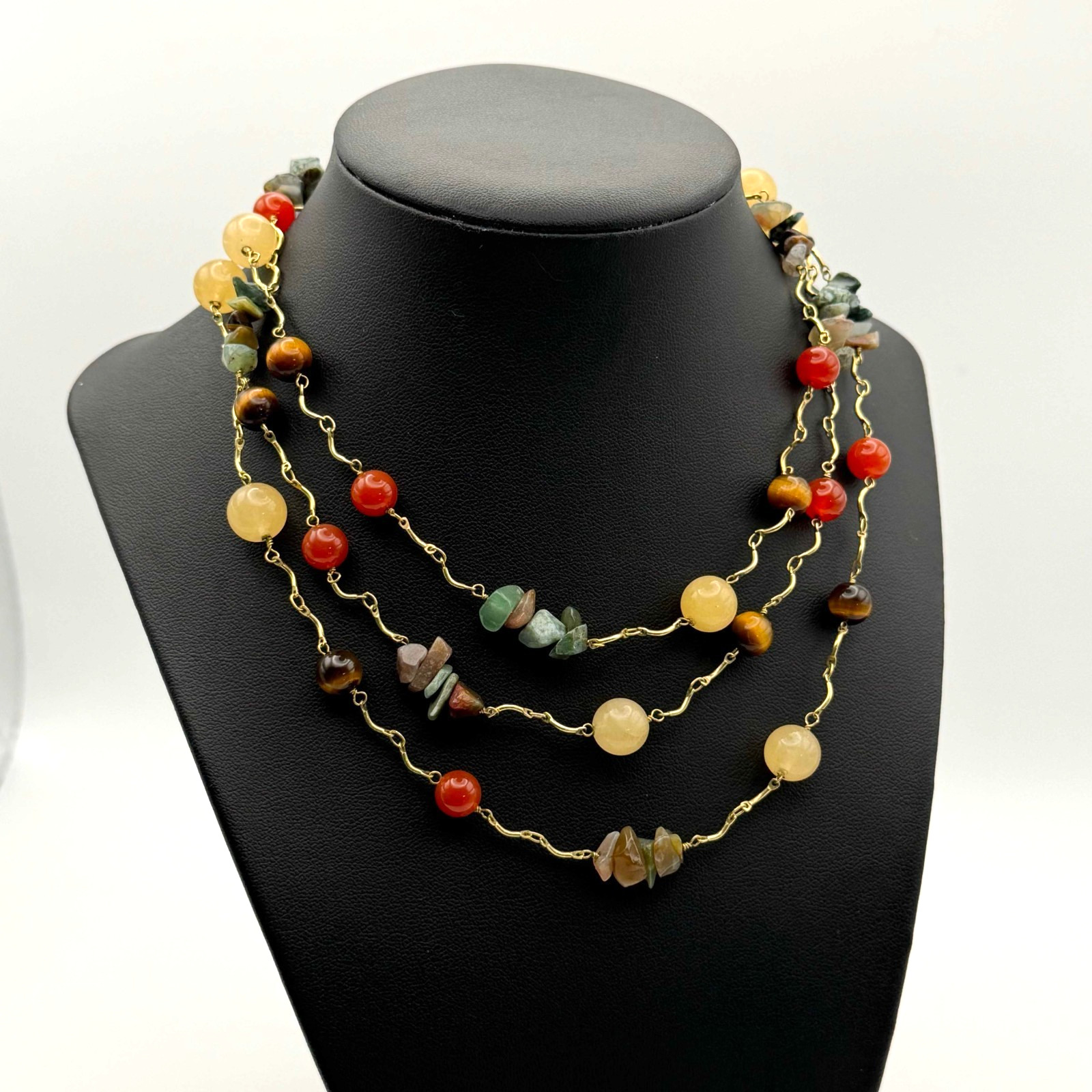 Vtg 44″ Jade, Nephrite & Tiger Eye Natural Stone Necklace 14K GP (YAK-35-2)