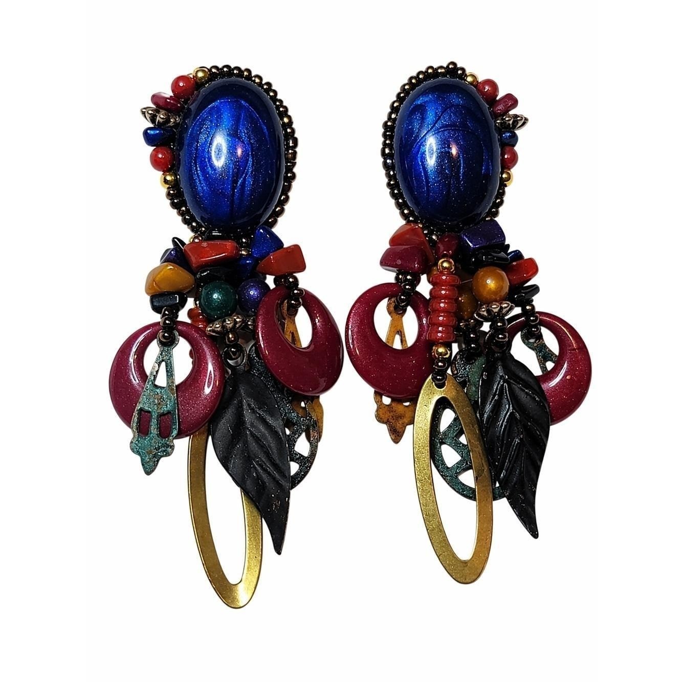 Vintage 80s Mixed Media Statement Earrings Colorful Acrylic Bead Dangles