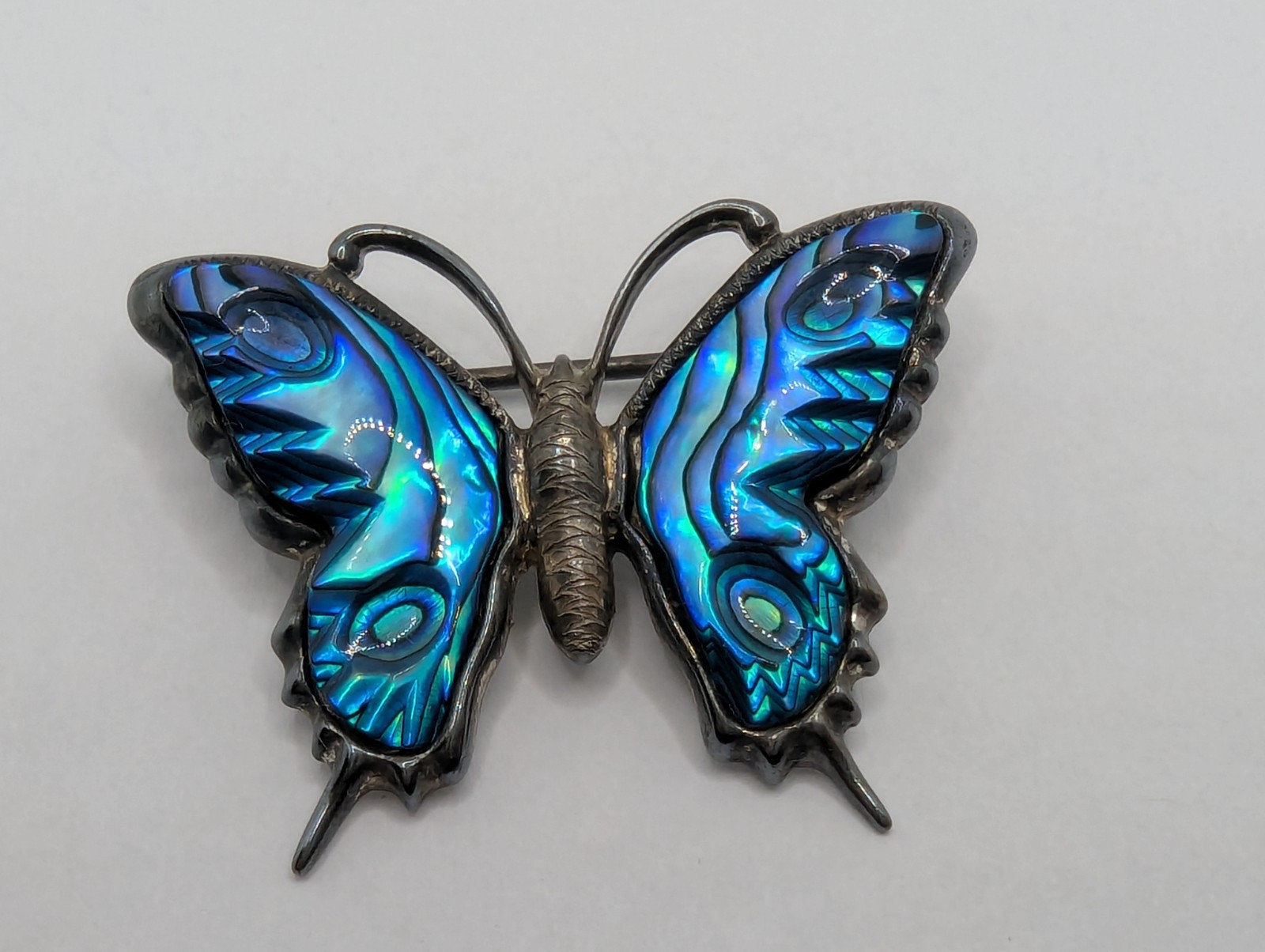 Ataahua Vintage Sterling Silver Blue Paua Shell Butterfly Brooch Pin