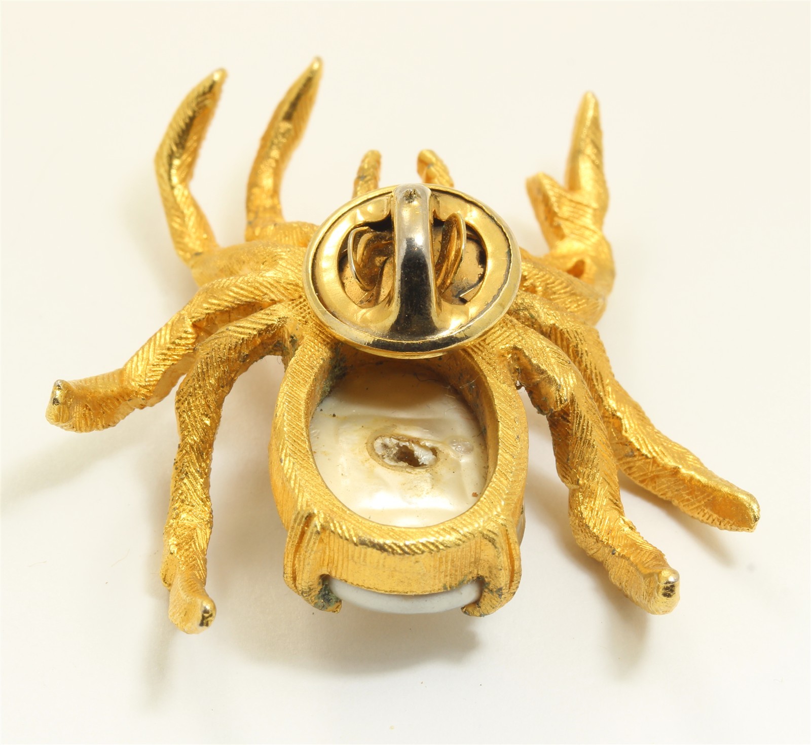 Vintage Mid Century Large Gold Tone Rhinestone Pearl Spider Lapel Pin