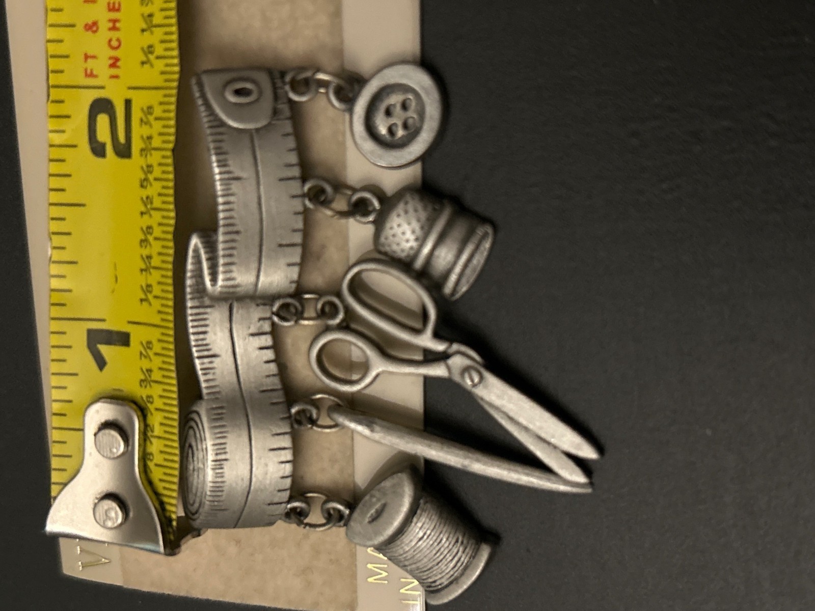 Verducci Sewing Jonette Pewter Brooch Seamstress Scissors Measuring Tape