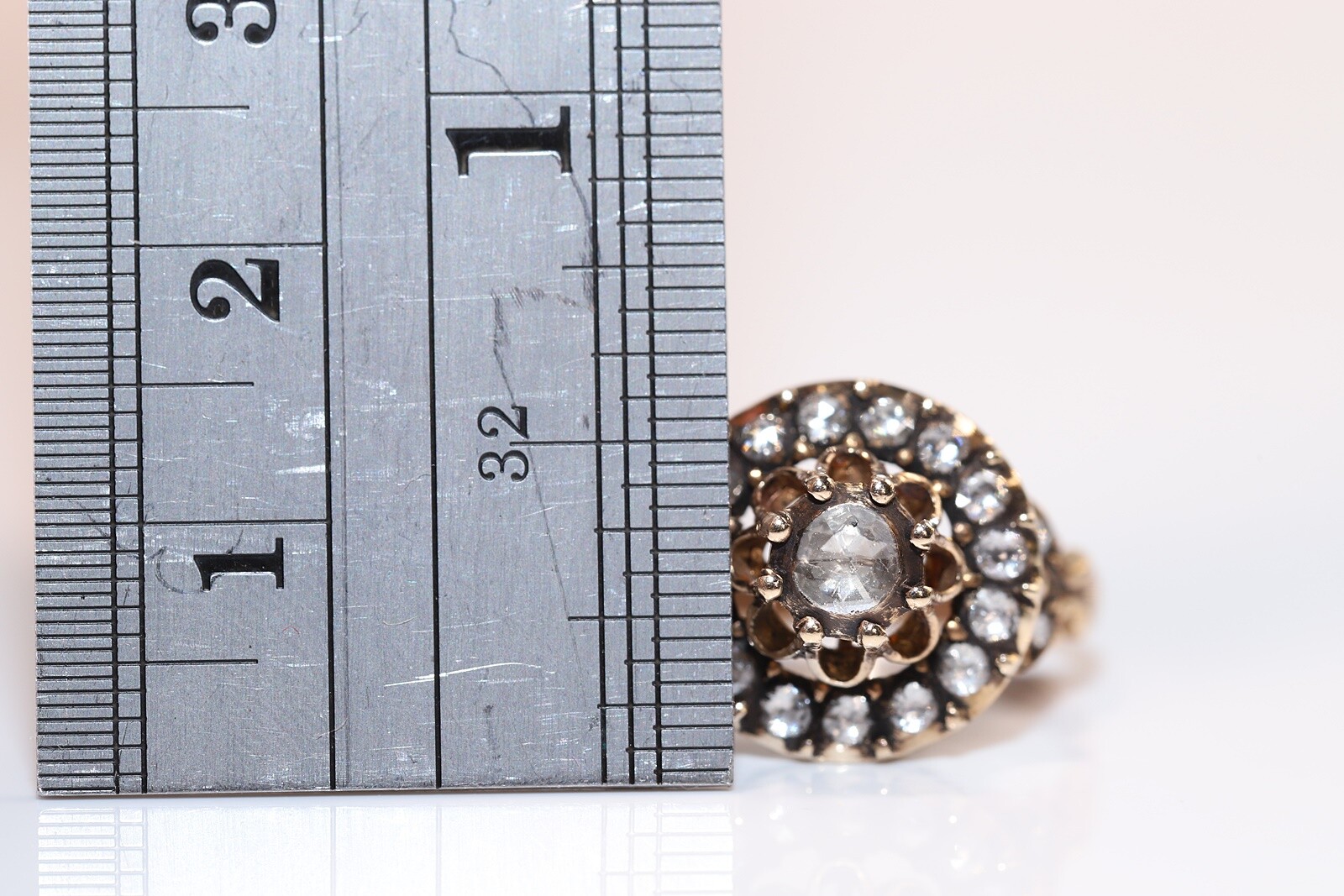 Vintage Circa 1980s 8k Gold Natural Rose Cut Diamond Decorated Ring