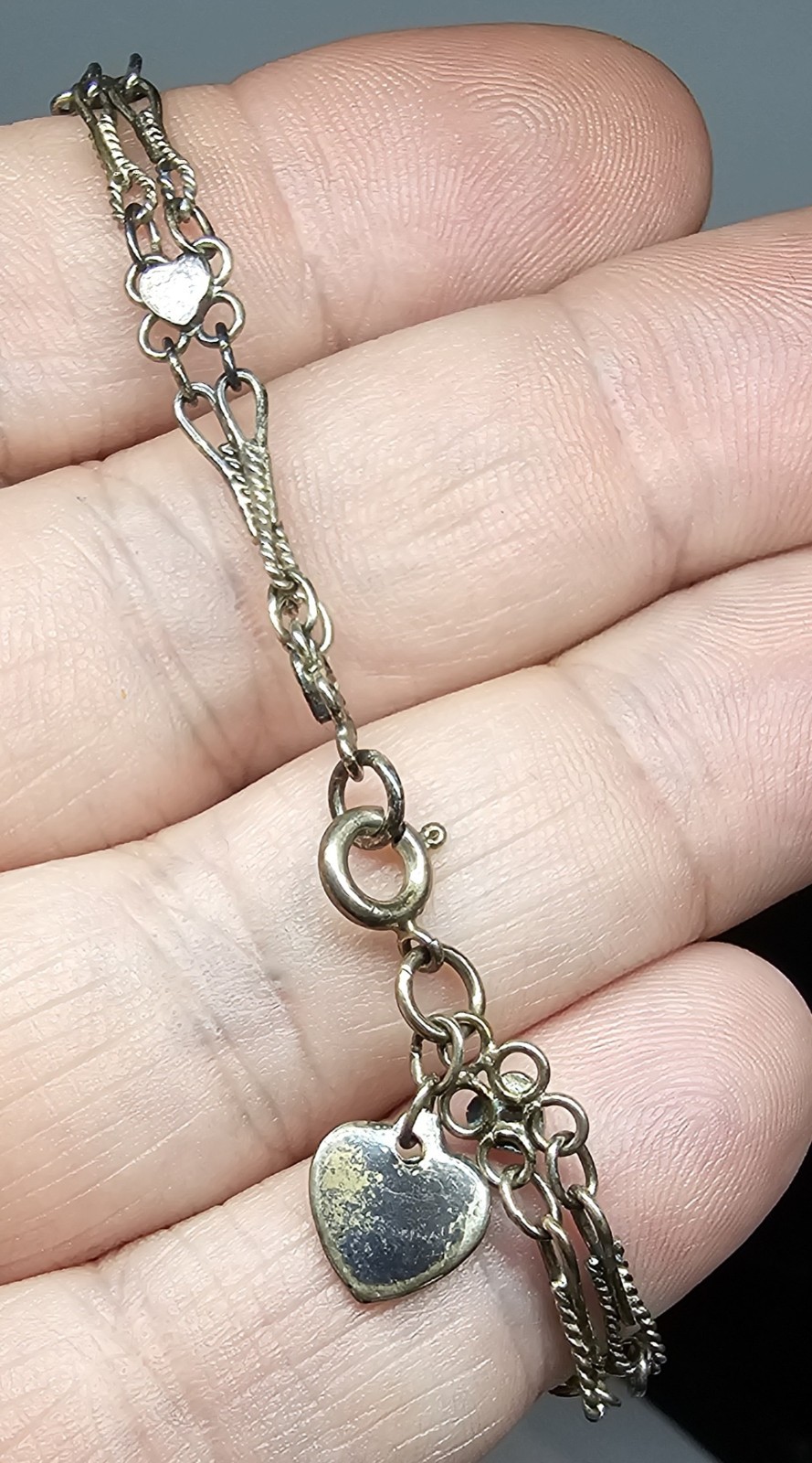 Vintage Sterling Silver Heart Station Bracelet 925 Double Link Twisted Bar Chain