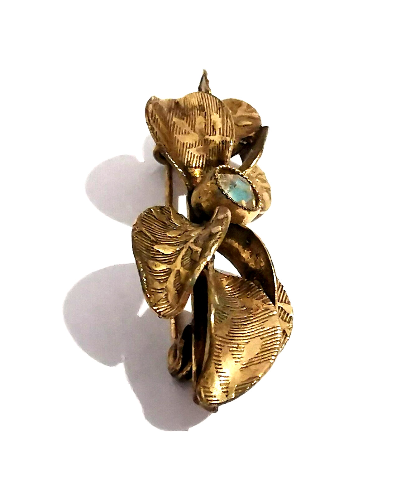 Vintage Czech Pin Brooch Floral Ornated Leafs Gilded Brass Colorless Rhinestone
