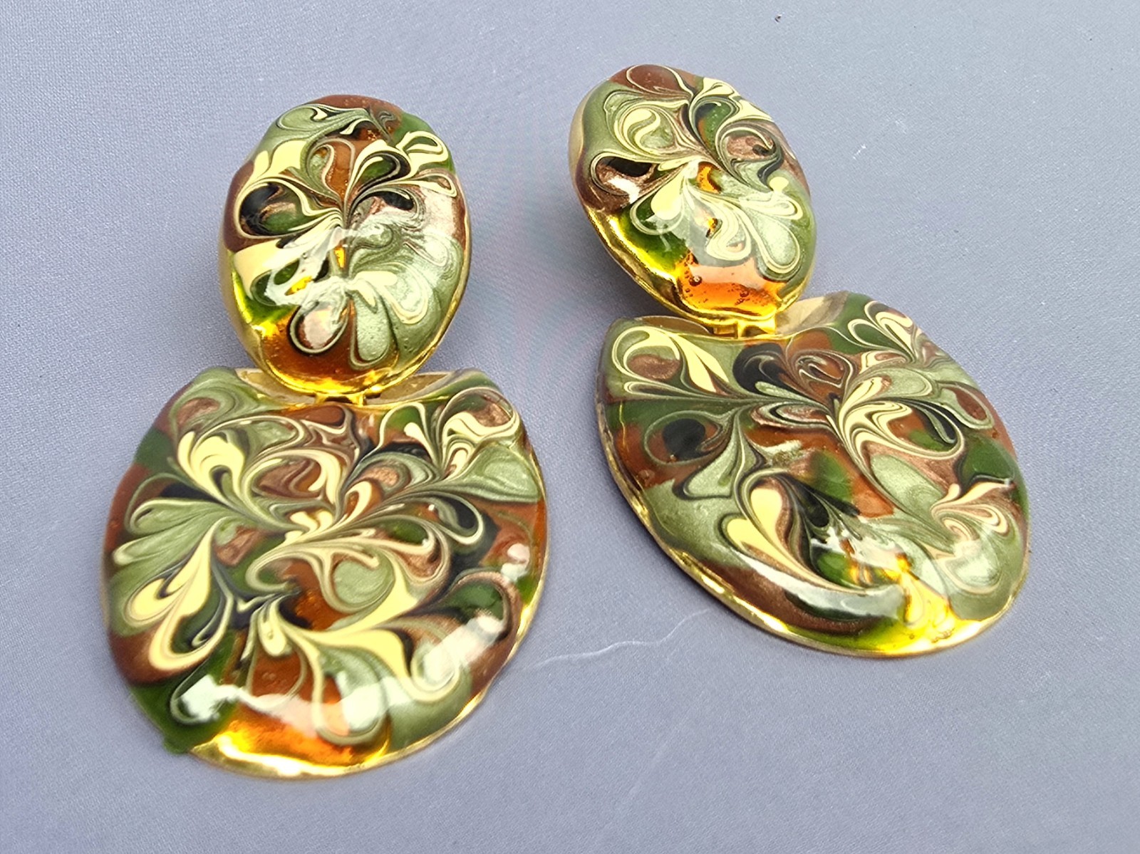Vintage Abstract Swirl Earrings Enamel Gold Tone Pierced Green Browns