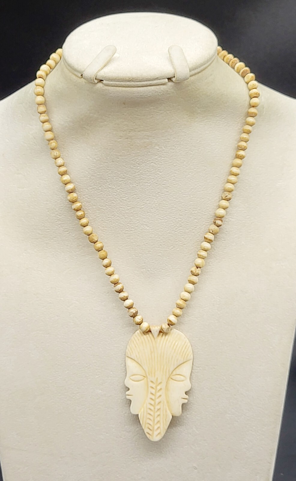 vintage 18″ bovine bone beaded necklace with double face pendant, barrel clasp