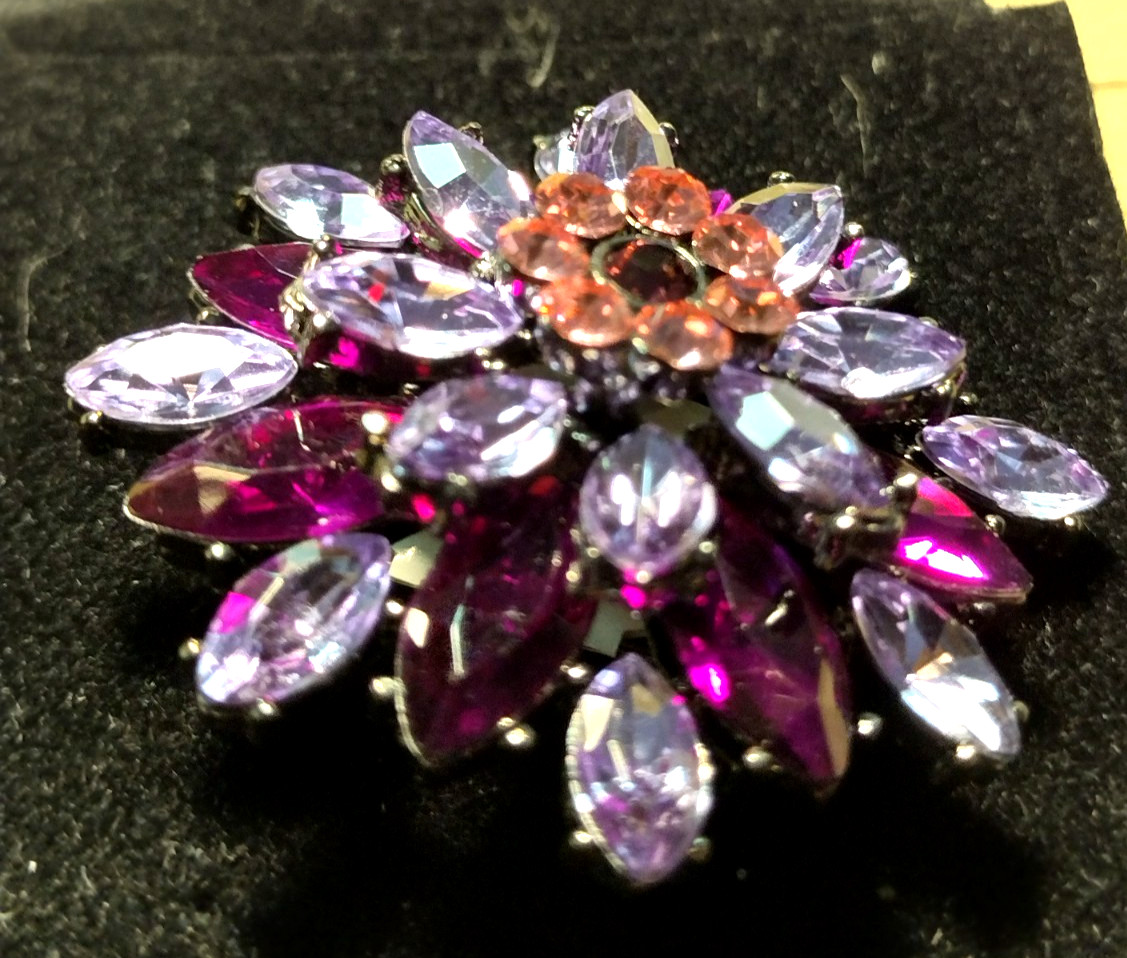 Multicolor Pinks & Purples Rhinestone & Crystals Brooch * Silver Tone Back