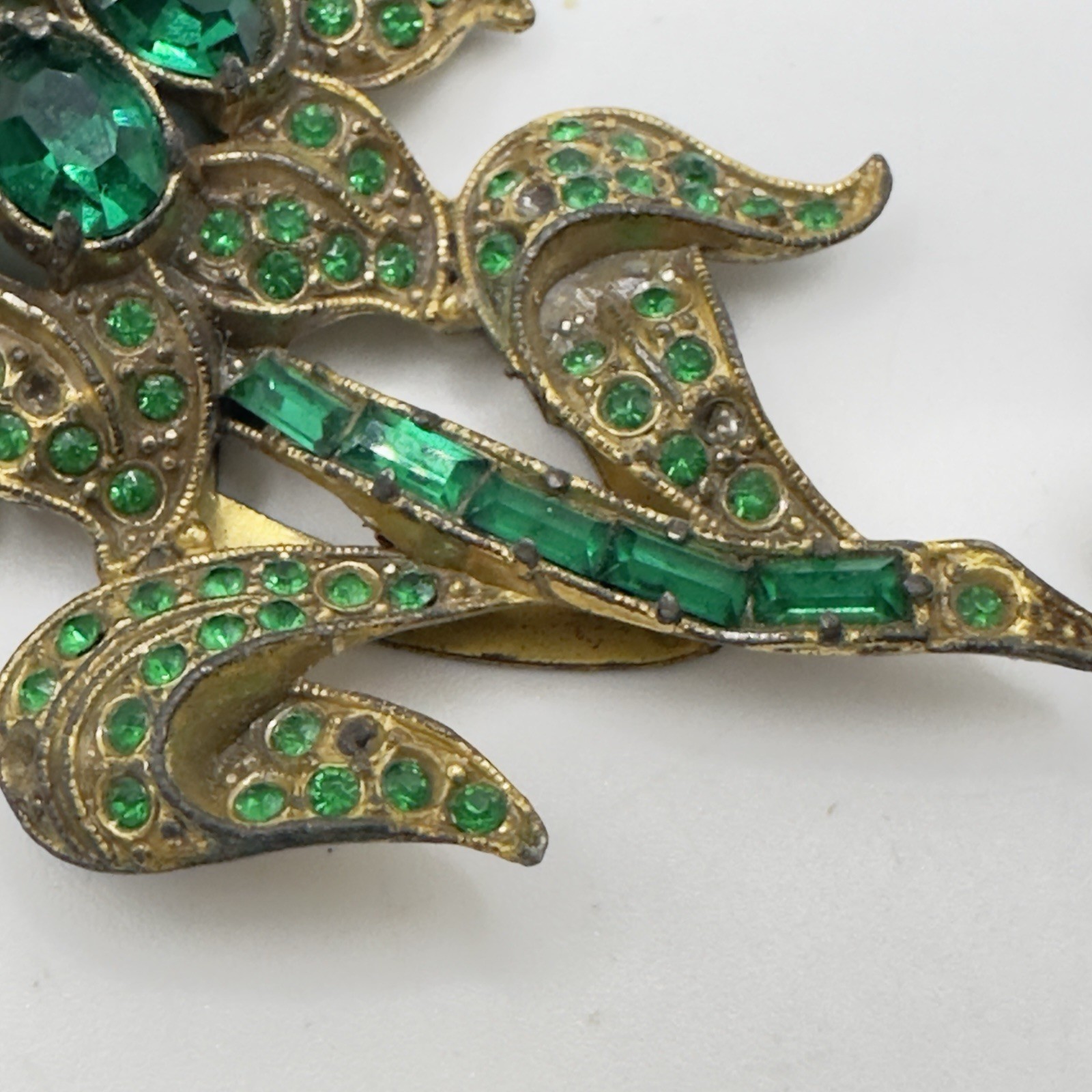 Vintage Pot Metal Dress Clip Flower Gold Tone Green Rhinestones 3″