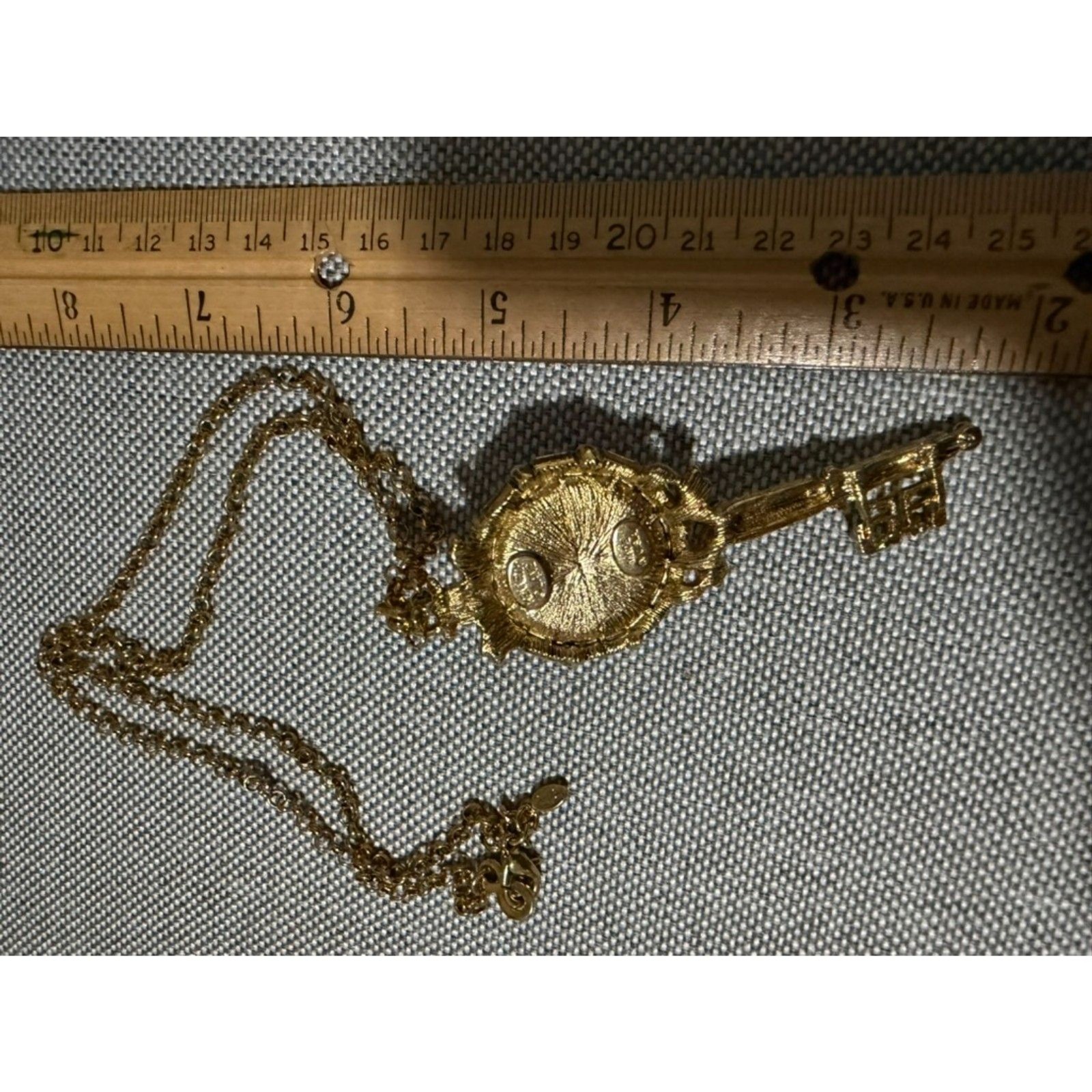 Kenneth Jay Lane Signed Key Necklace with Orange Cabason, Rhinestones and Pearls