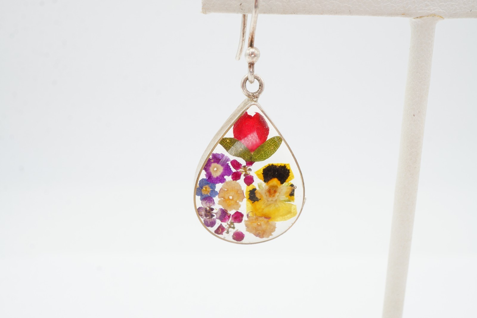 Vintage Mexico Sterling Silver 925 Flower In Lucite Earrings ATI