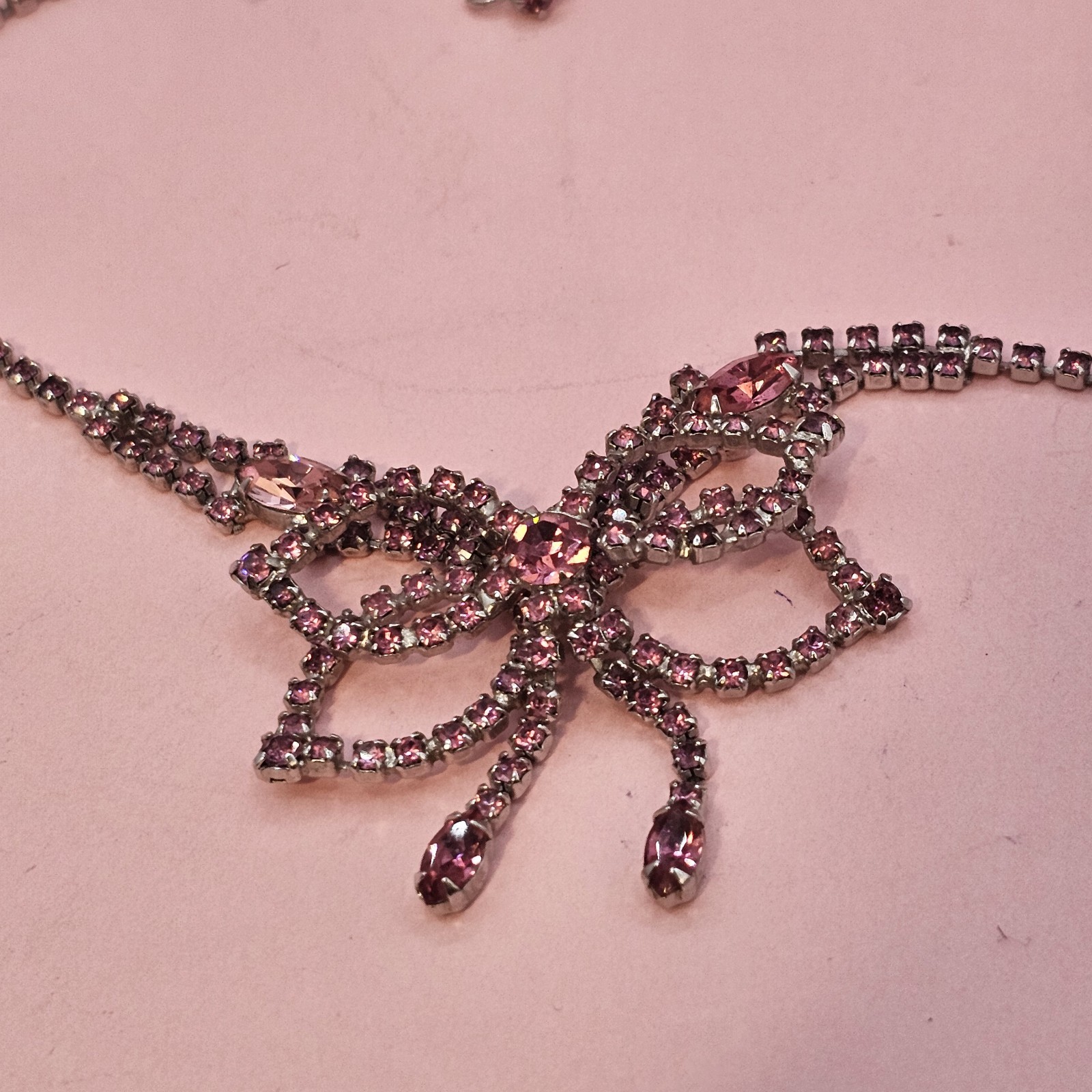 Vintage Pink Rhinestone Necklace Bow Statement Drop Bib Silvertone 1980s Prom
