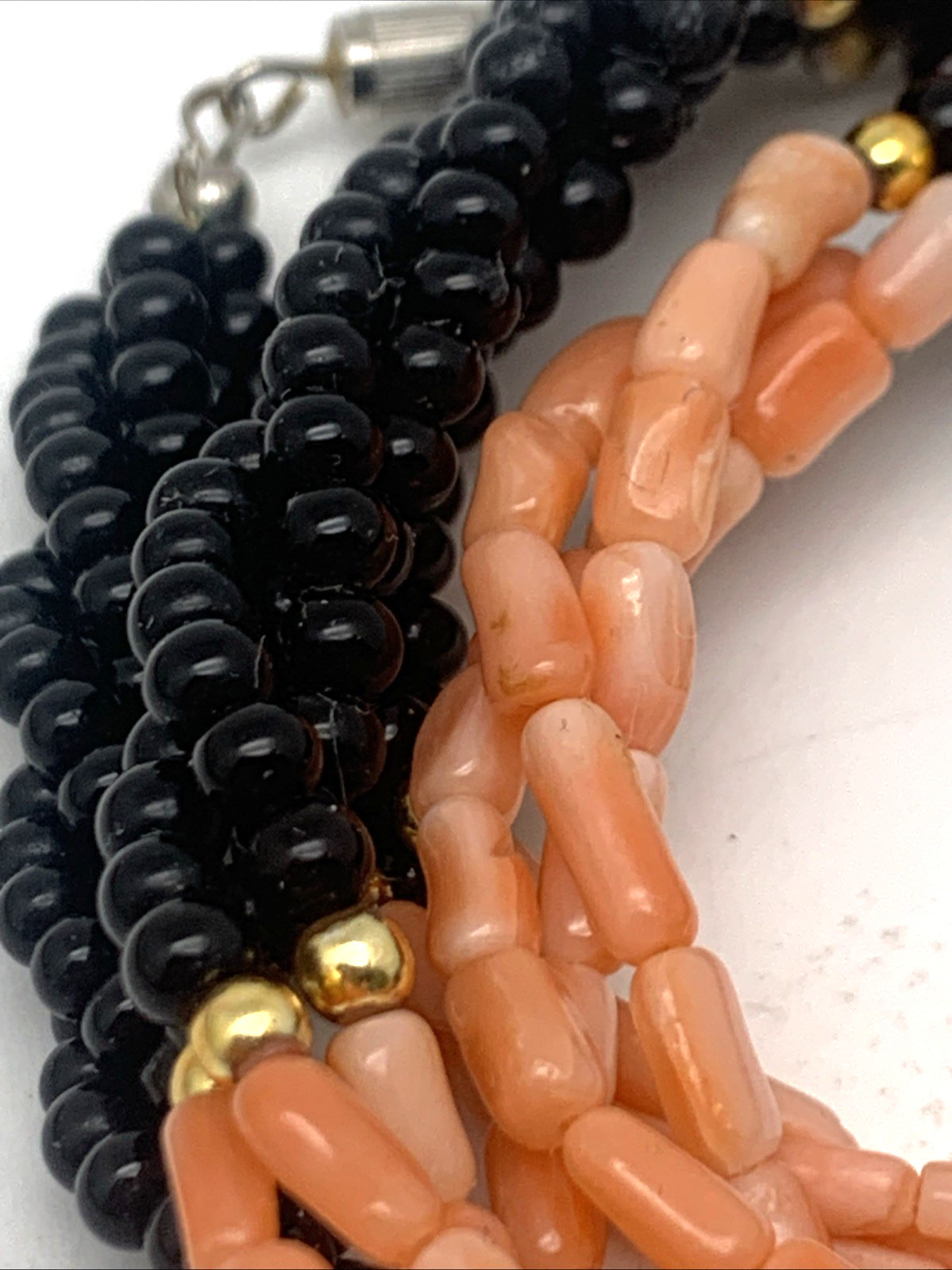 Vintage Twisted 3 Strand Coral & Onyx Beaded 30″ Necklace