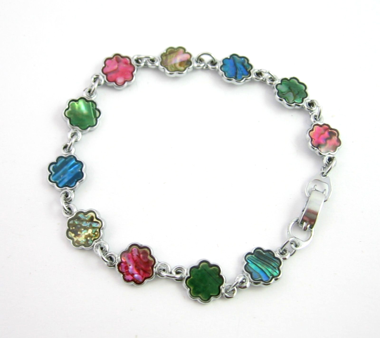 PAUA SHELL BRACELET Vintage Abalone Flower Blooms Pink Blue Silvertone 7.25″