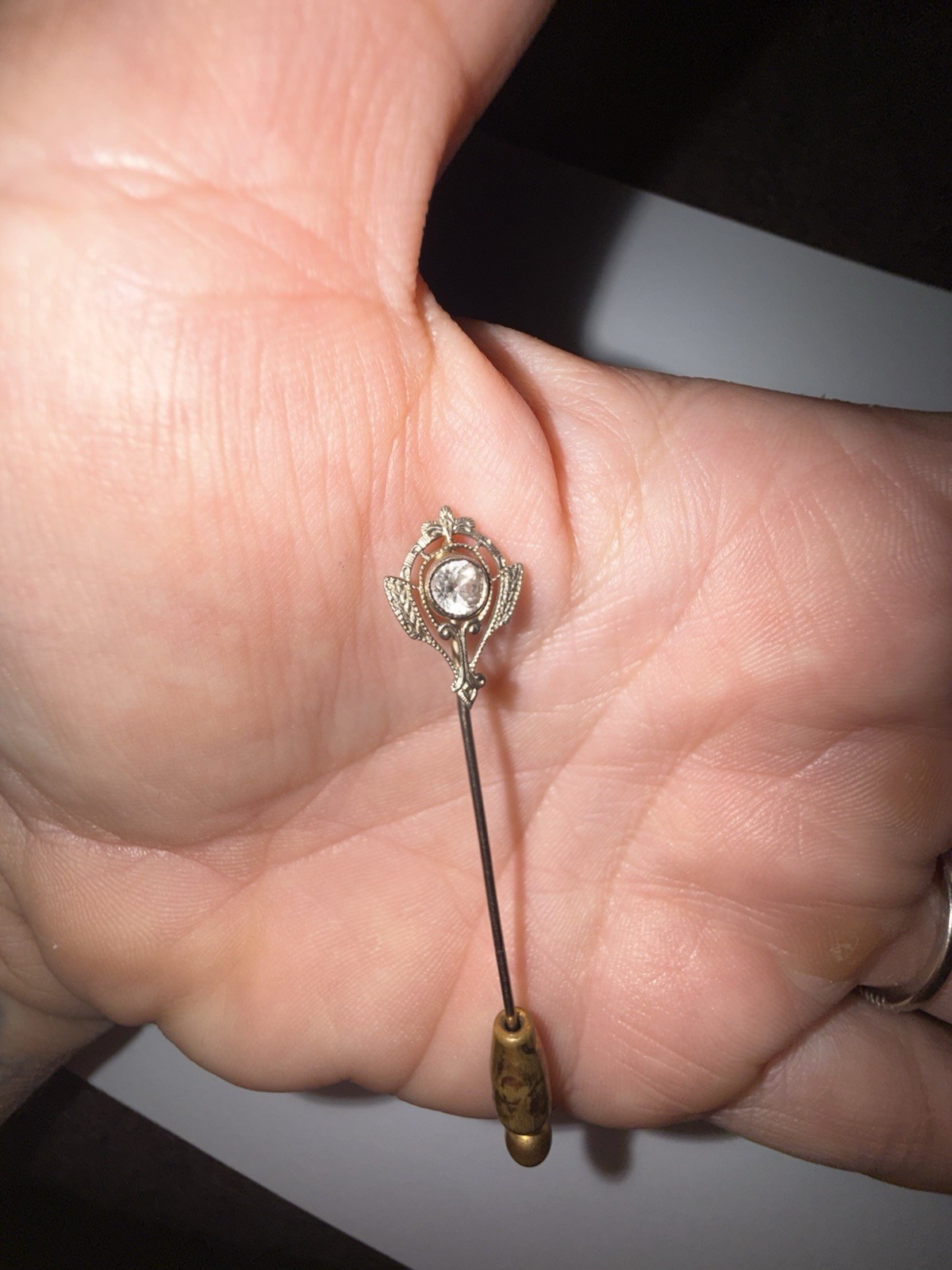 Antique Edwardian 10K Solid White Gold Colorless Topaz Stickpin