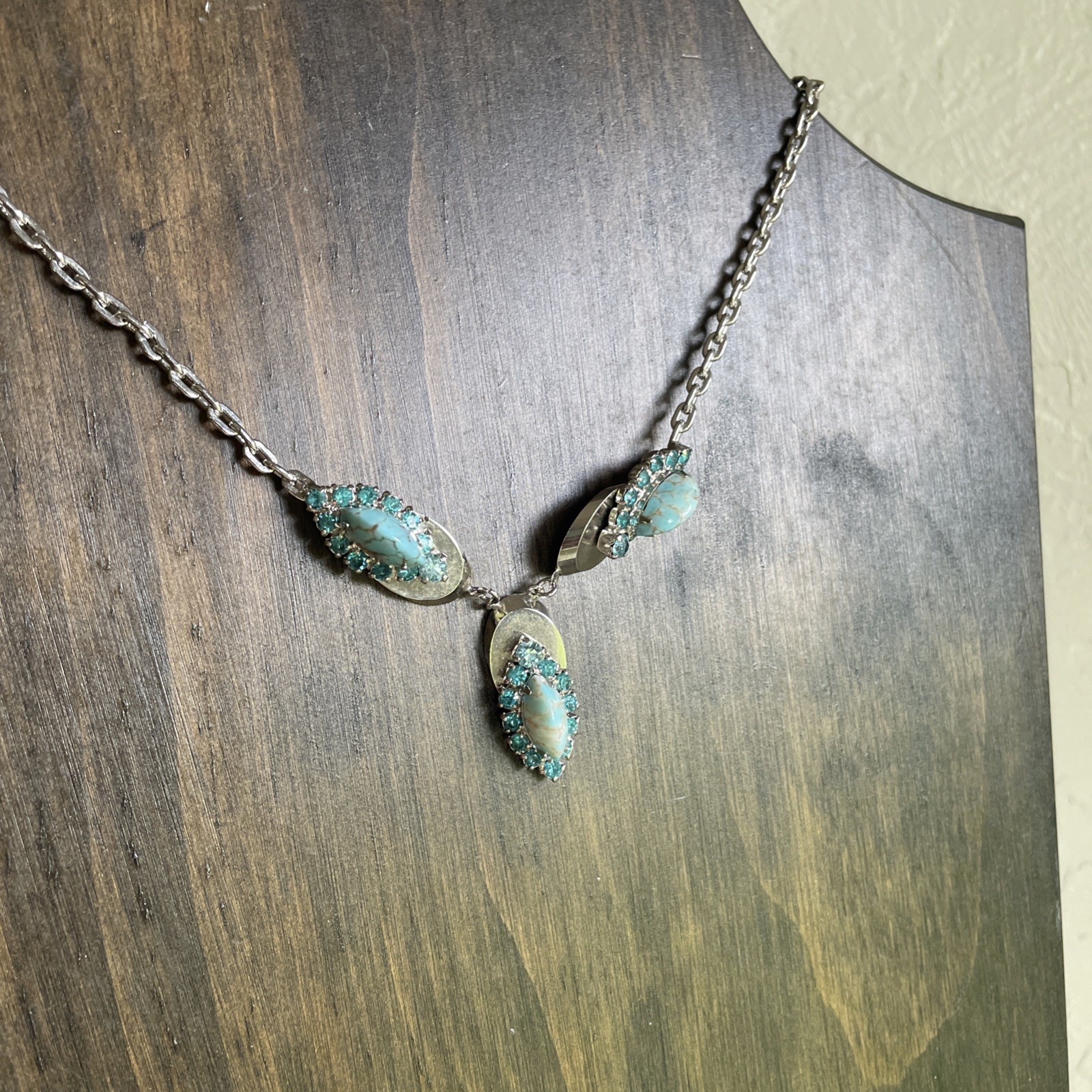 Vintage Rhinestone & Turquoise Silver Choker Necklace