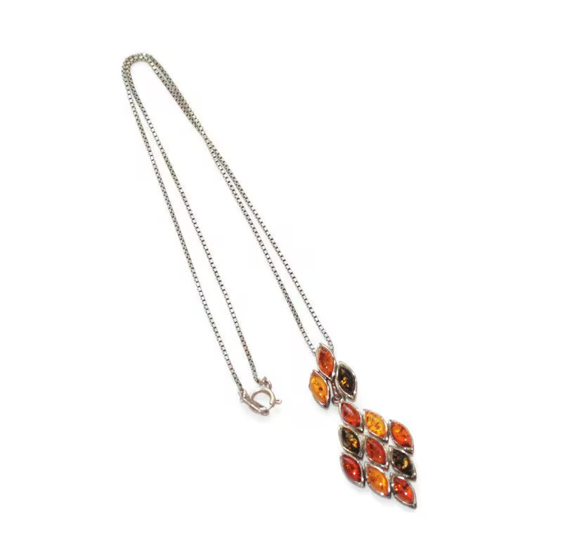 Vintage Amber Pendant Necklace Sterling Silver Setting 3 Colors Diamond Shaped